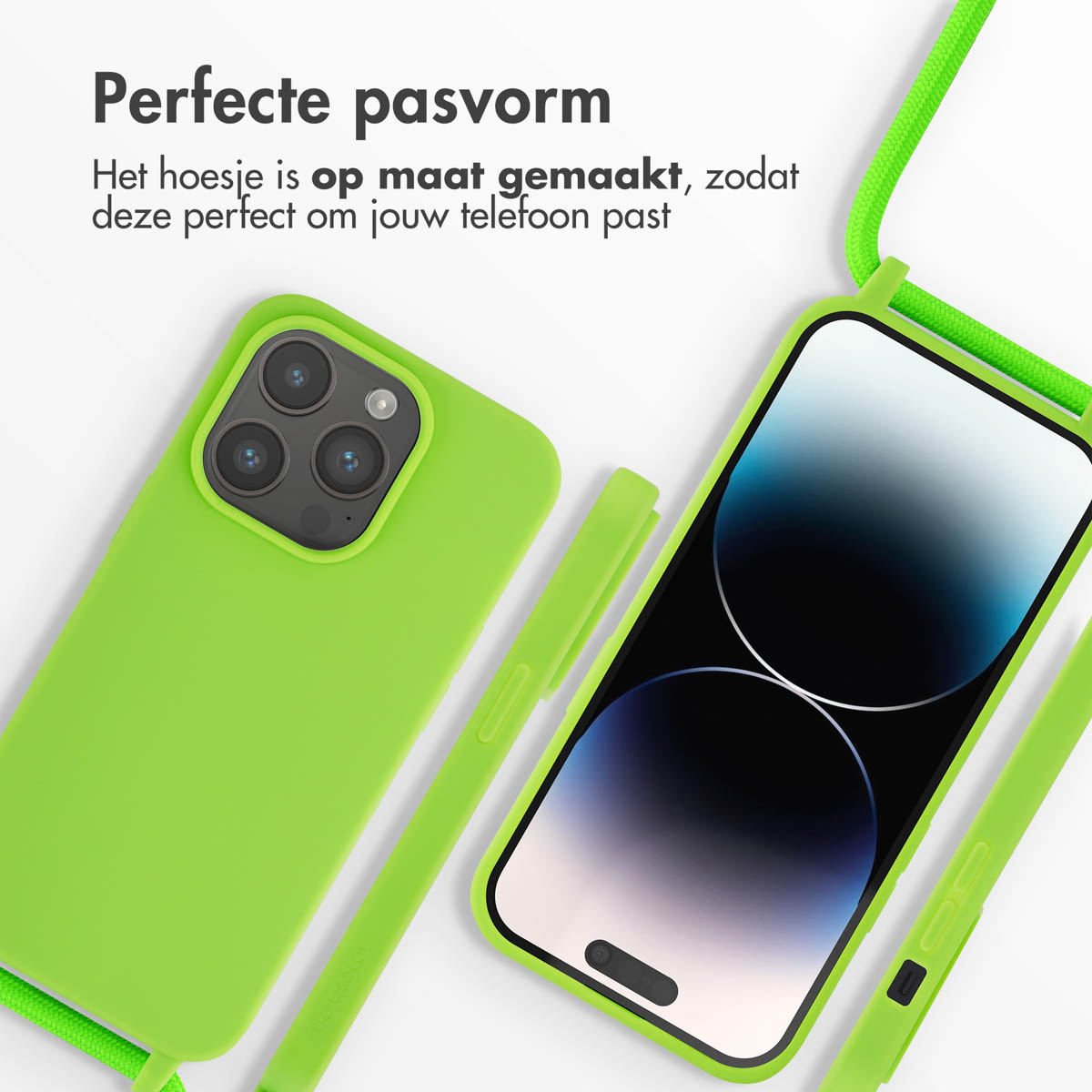 Groene telefoonhoes met telefoon, groene riem. Tekst: Perfecte pasvorm.