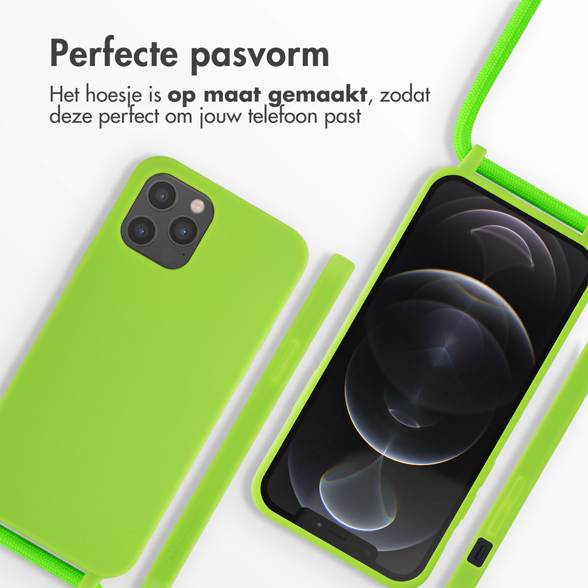 Coque de téléphone verte avec cordon assorti et un téléphone. Fond blanc. L'écran du téléphone est visible.