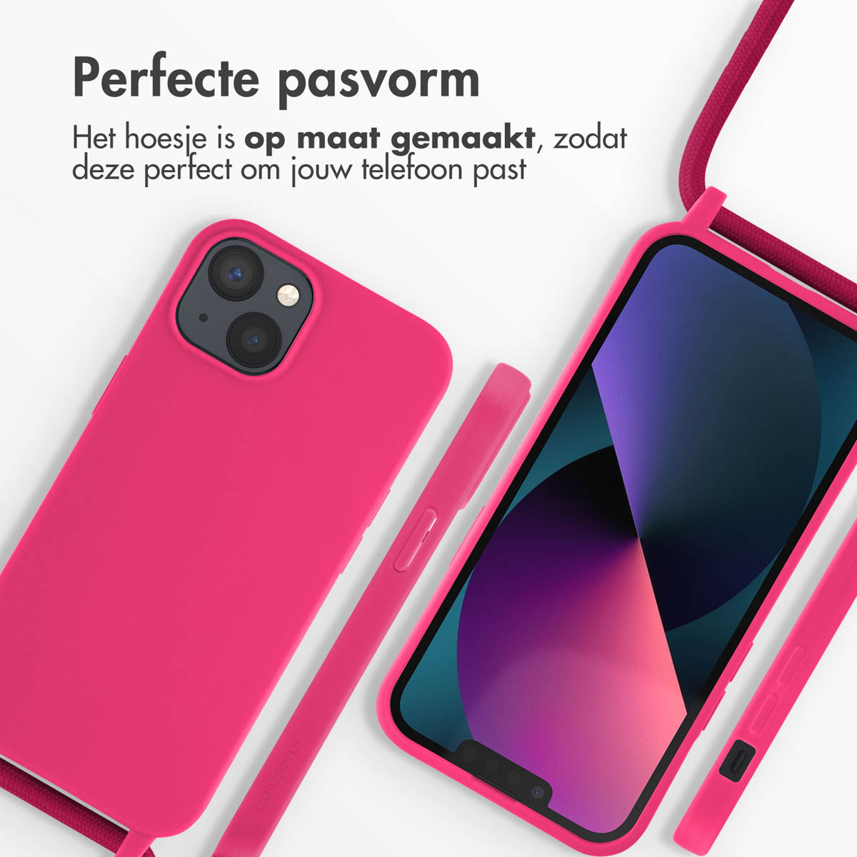 Coque de téléphone rose avec téléphone, cordon rose et fond blanc.