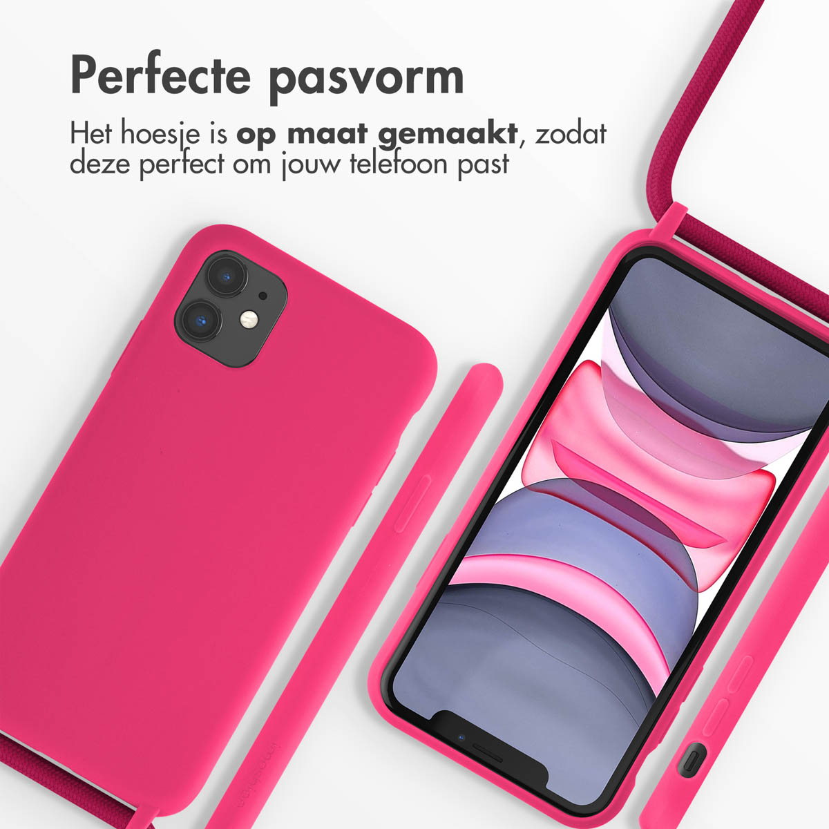 Roze telefoonhoesje met bijpassend koord, met een zwarte telefoon erin.