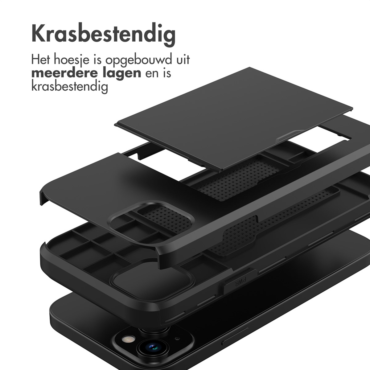 Zwarte telefoonhoes gedemonteerd, met lagen. Tekst: Krasbestendig.