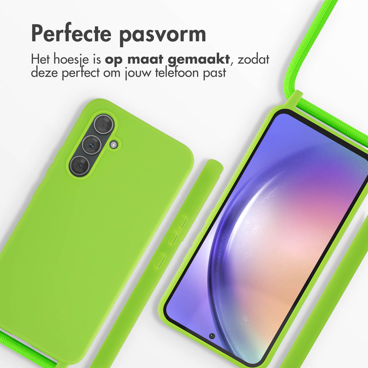 Limoengroene telefoonhoes met telefoon, groen koord en een witte achtergrond.