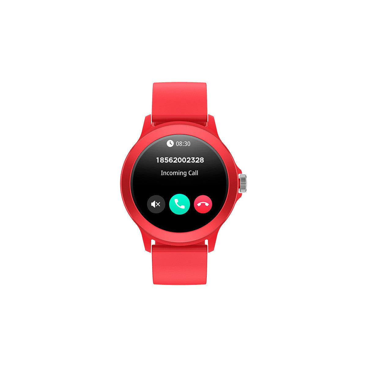 Smartwatch rosso che mostra una chiamata in arrivo sullo schermo. L'orologio ha un cinturino rosso.