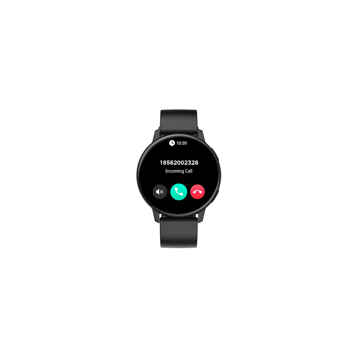 Smartwatch che mostra una chiamata in arrivo da un numero di telefono. Orologio nero con cinturino nero.