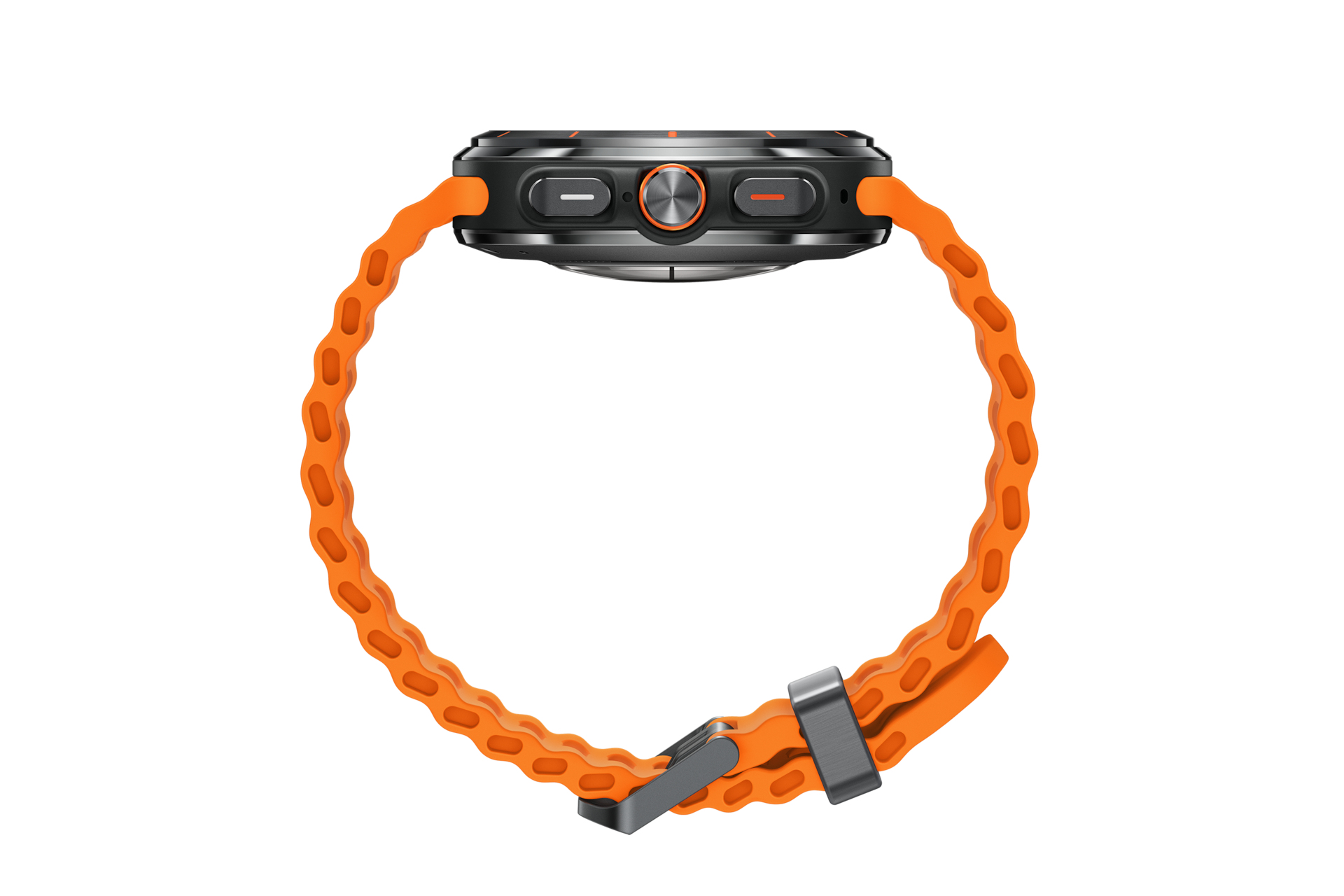 Czarny smartwatch z pomarańczowym paskiem, widok z boku.