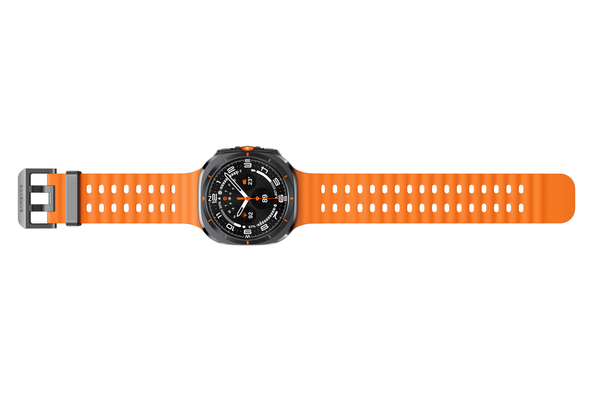 Smartwatch z pomarańczowym paskiem. Tarcza zegarka wyświetla liczby i inne informacje.
