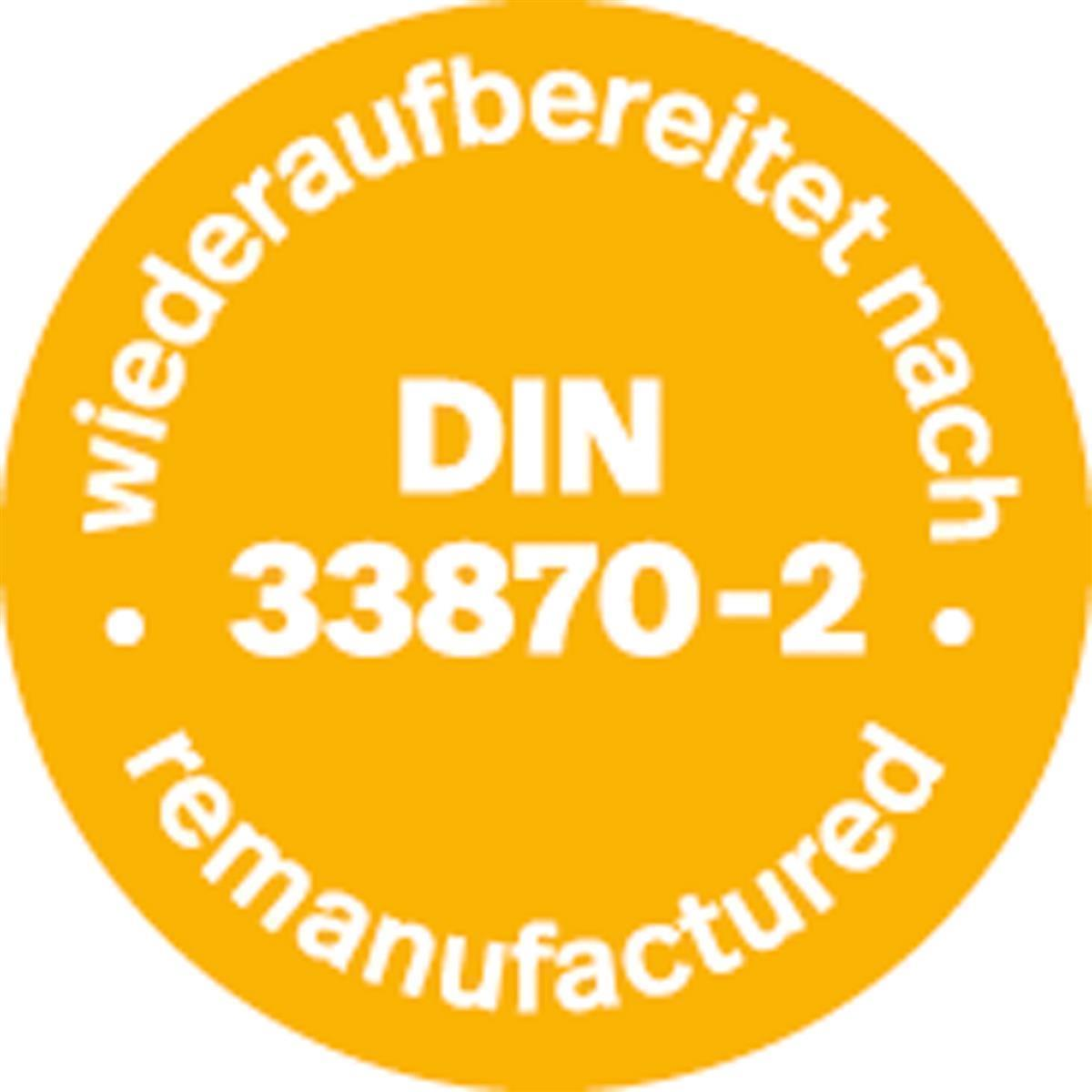 Gelber runder Aufkleber mit Text: DIN 33870-2 remanufactured, wiederaufbereitet nach.