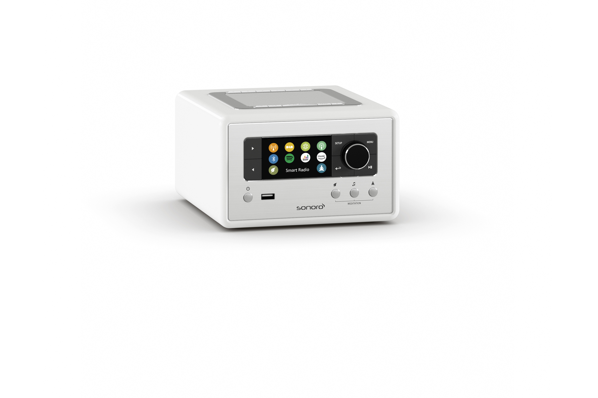 White smart radio with a screen and buttons.