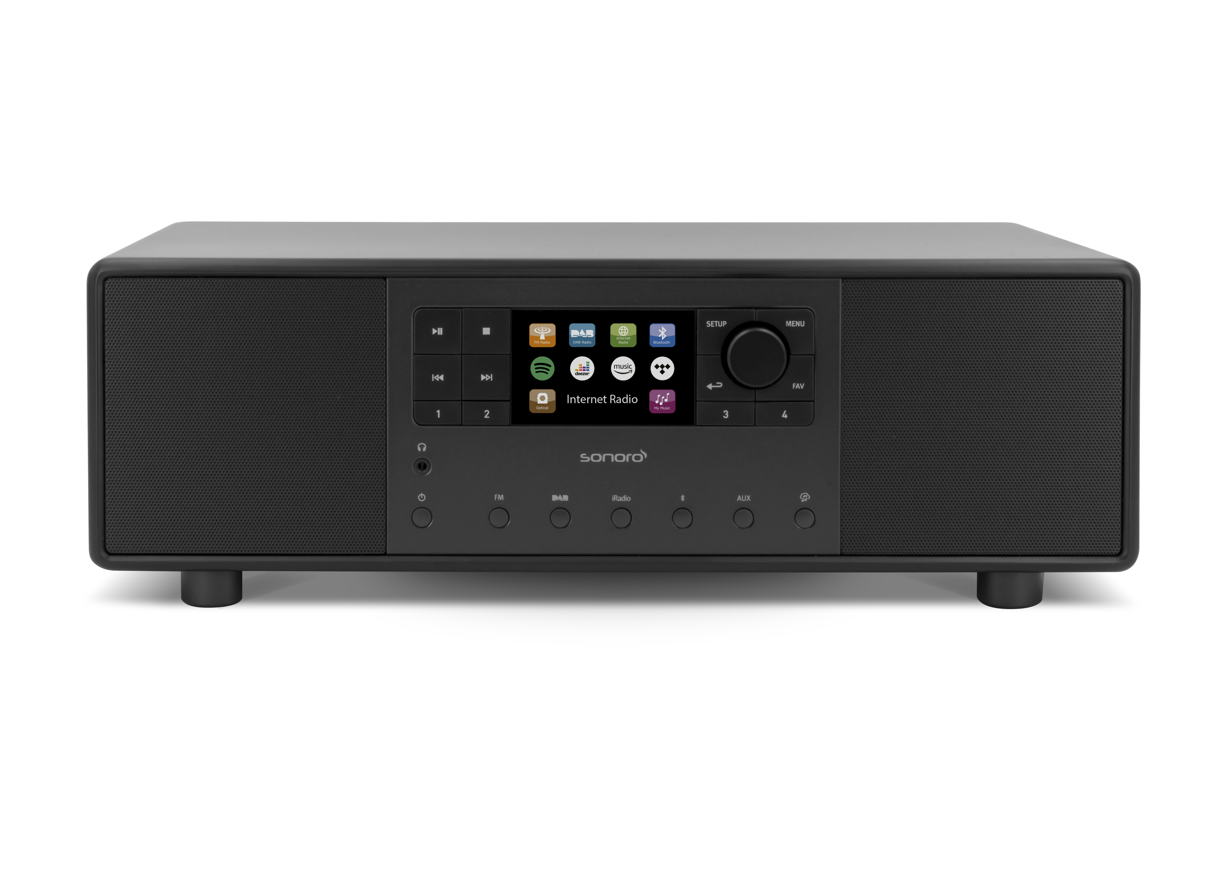 Zwarte stereo met een scherm en knoppen. Tekst: SONARO.