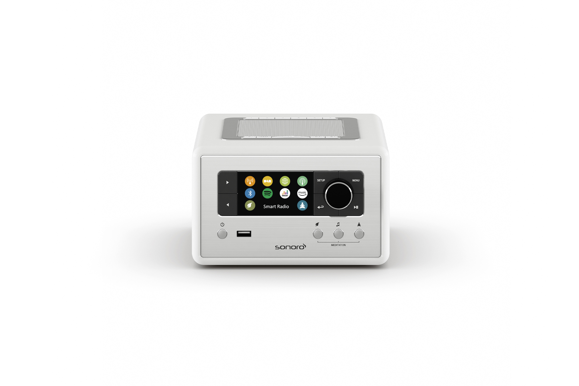 A white smart radio with a screen and buttons. The screen displays several app icons.