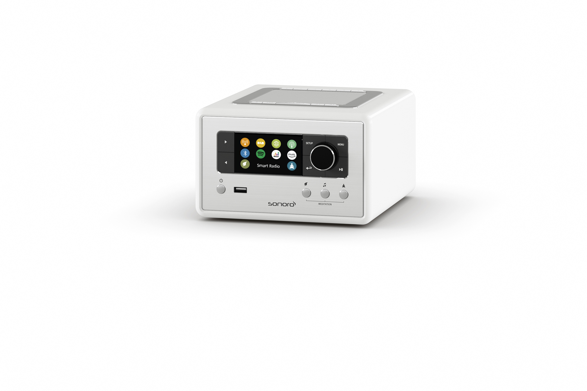 White smart radio with a touchscreen and buttons.