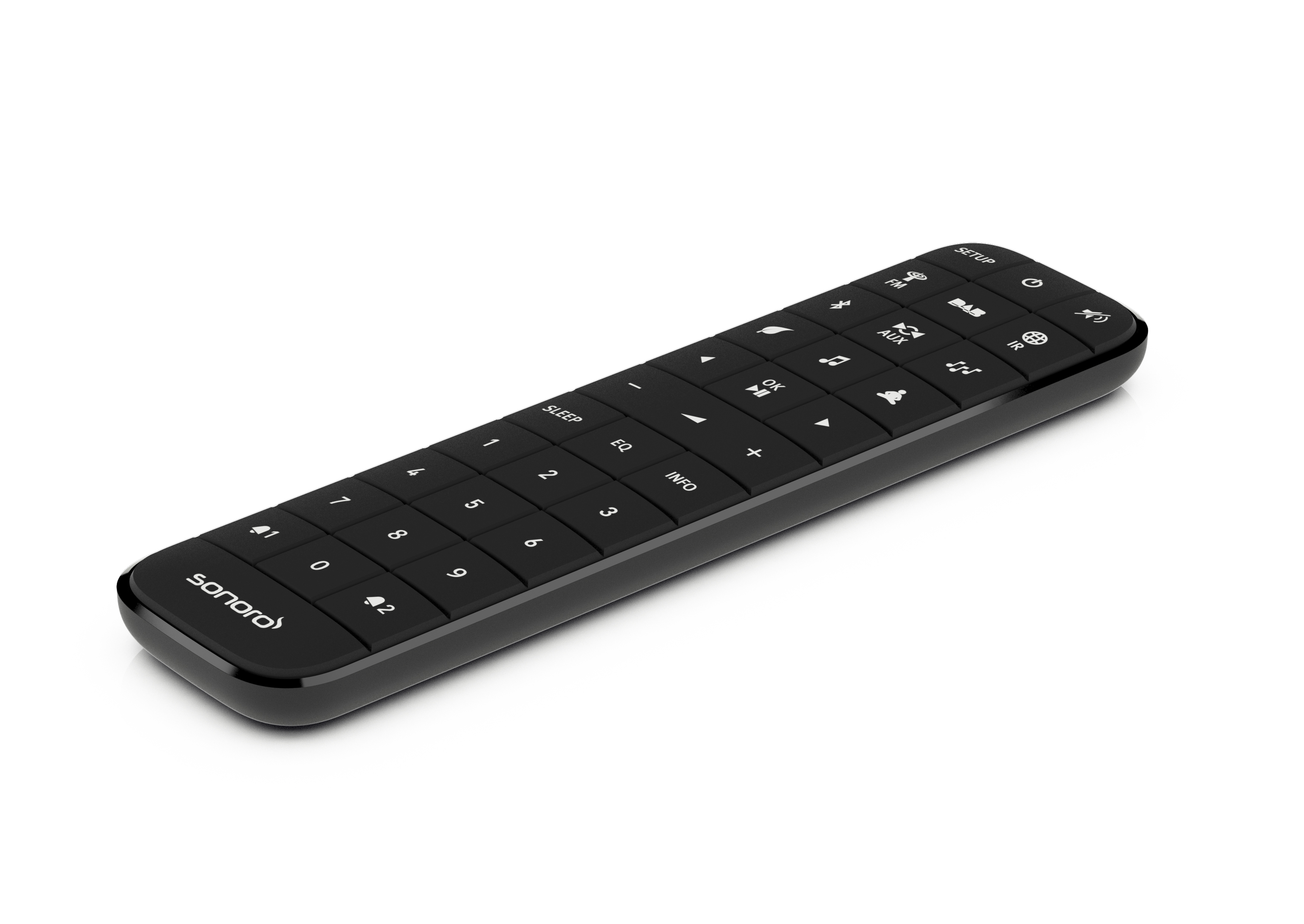 Black Sonoro remote control. Numbers and function buttons. Power, mute, sleep, and EQ buttons.