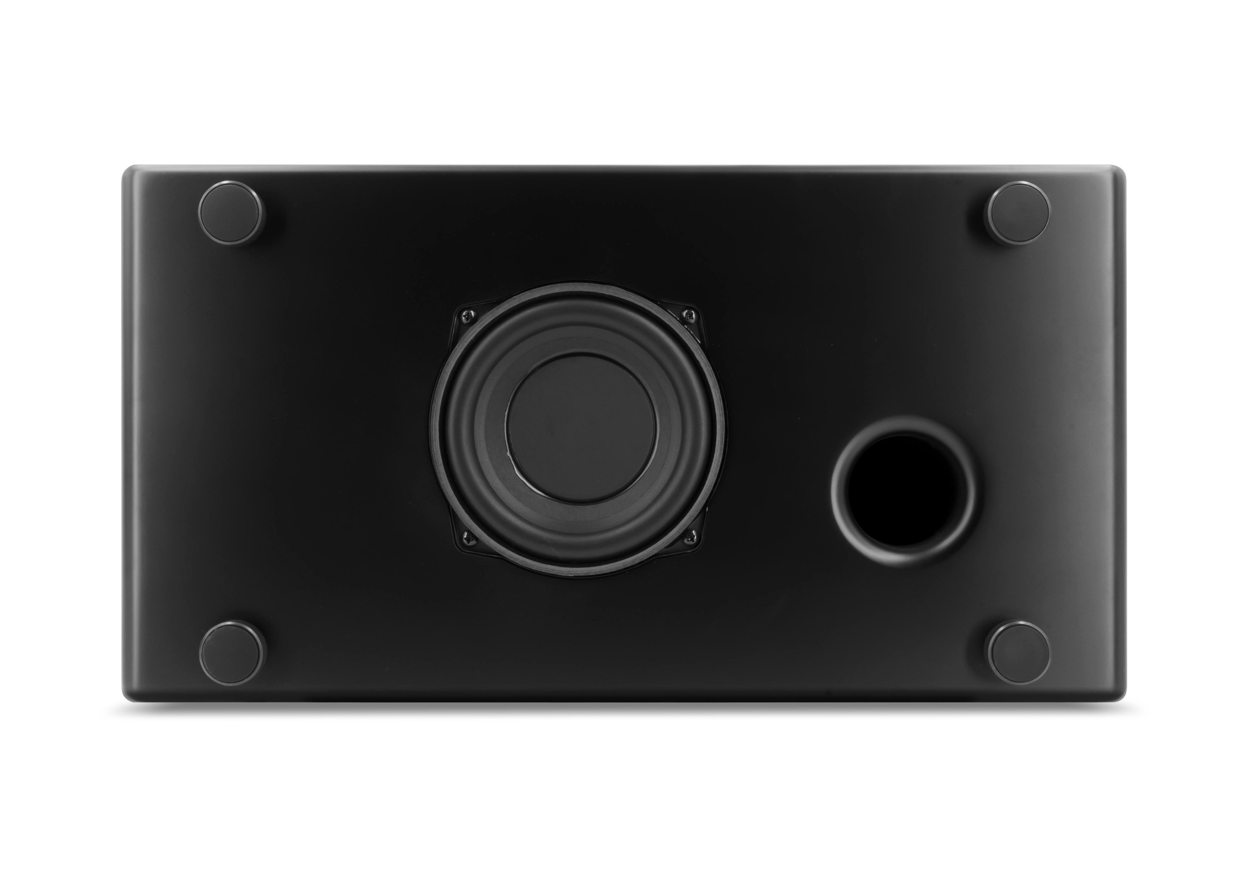 Zwarte subwoofer met een luidspreker en een poort.