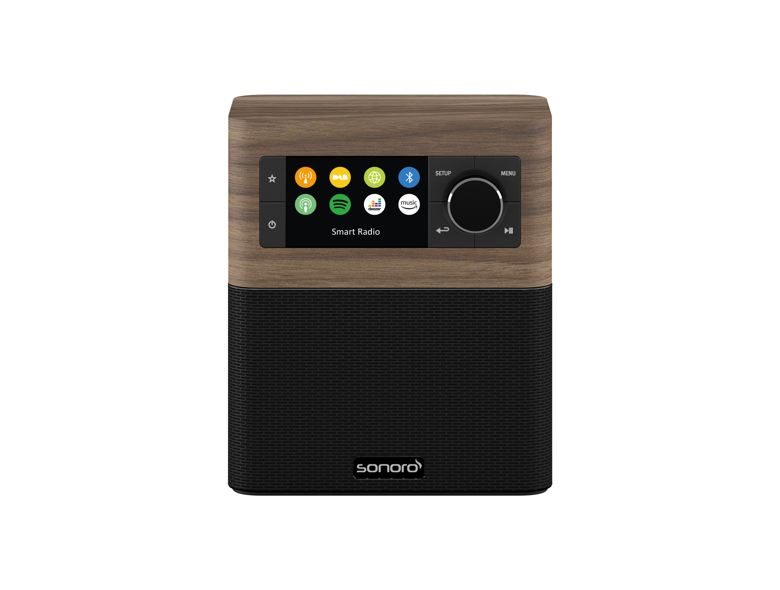 Smart-Radio mit Holzoptik. Knöpfe, Bildschirm mit Symbolen.