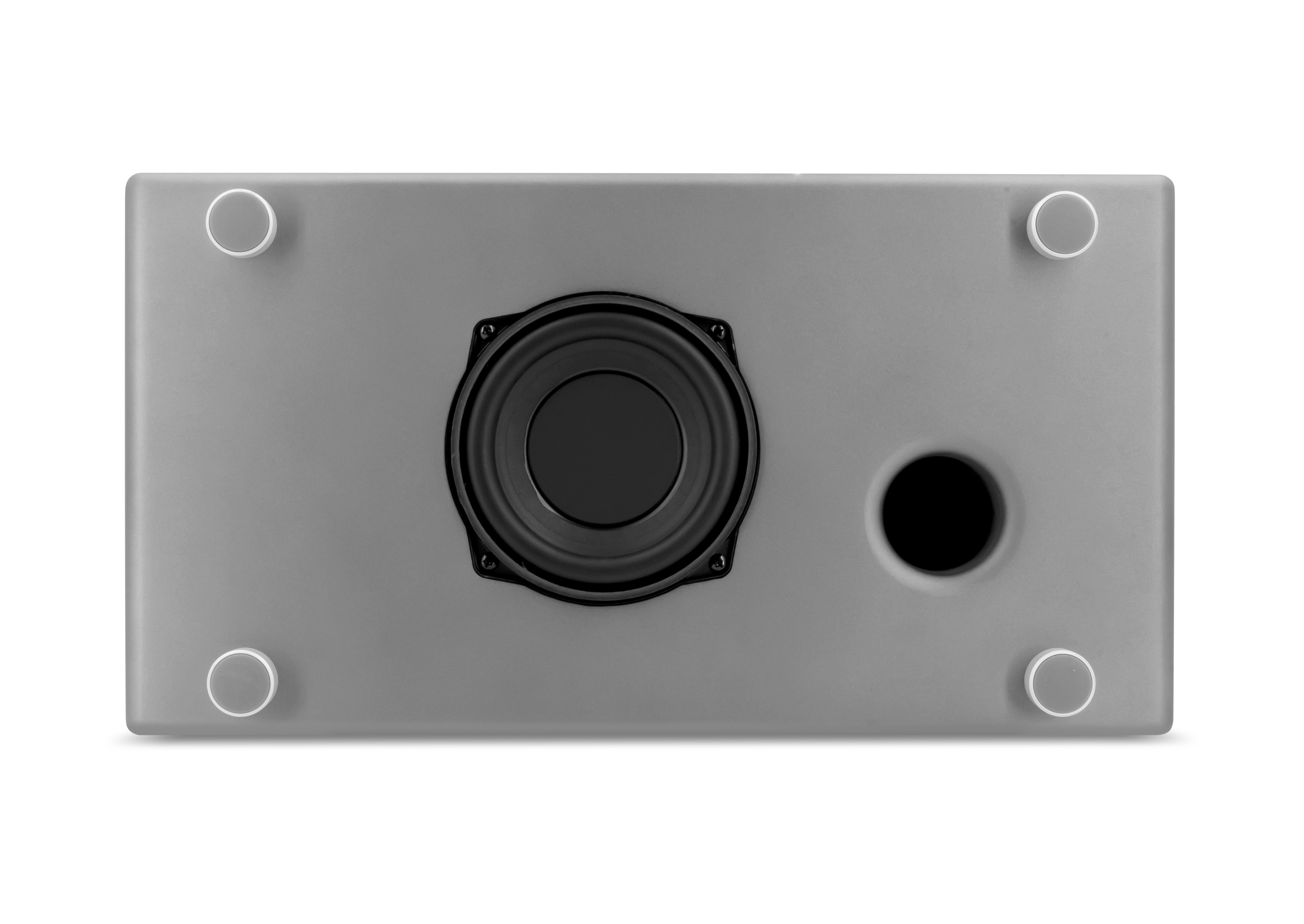 Onderkant van een grijze subwoofer met een speaker en vier poten.