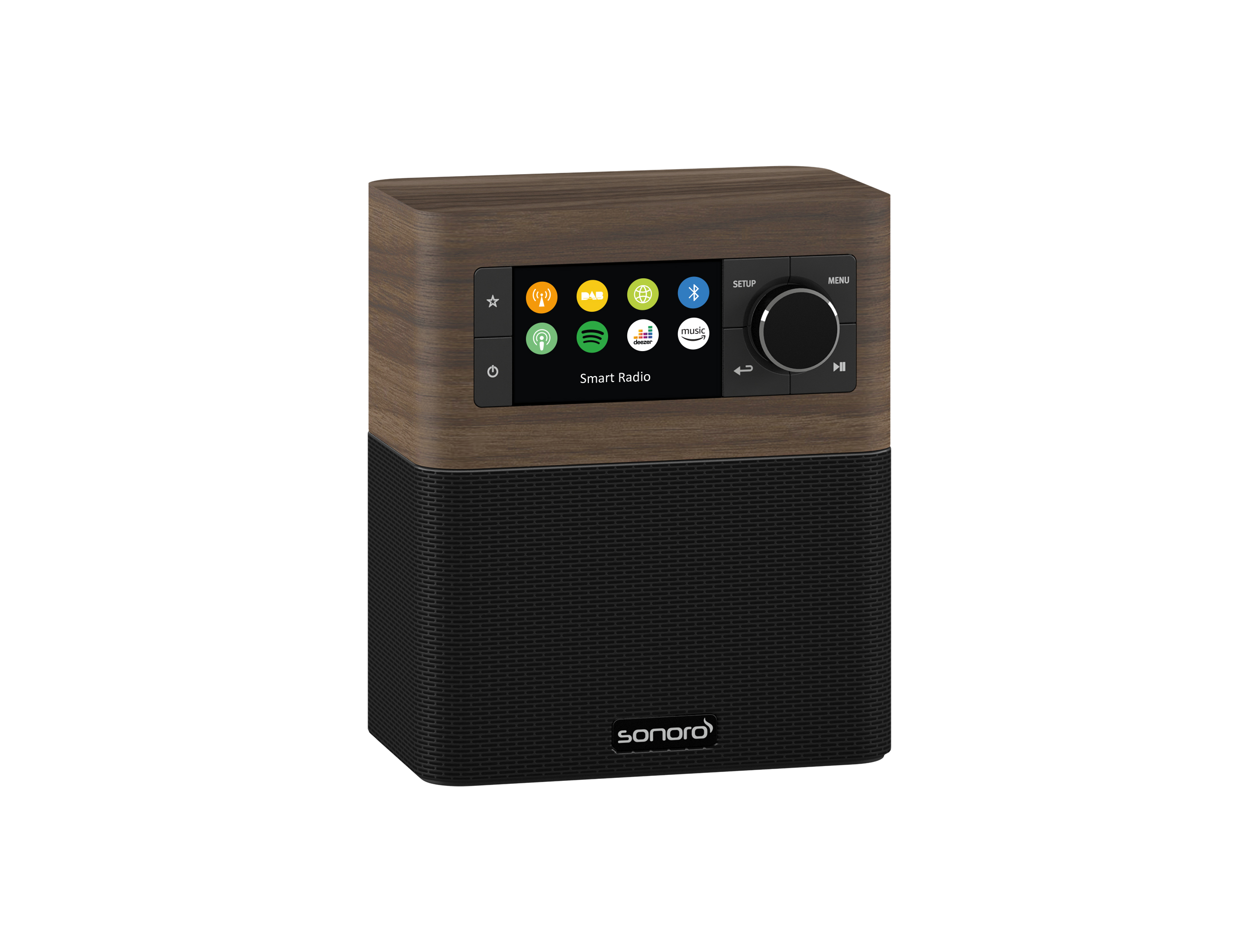 Braunes und schwarzes Smart Radio mit Bildschirm und Knöpfen. Das Radio steht auf weißem Grund.