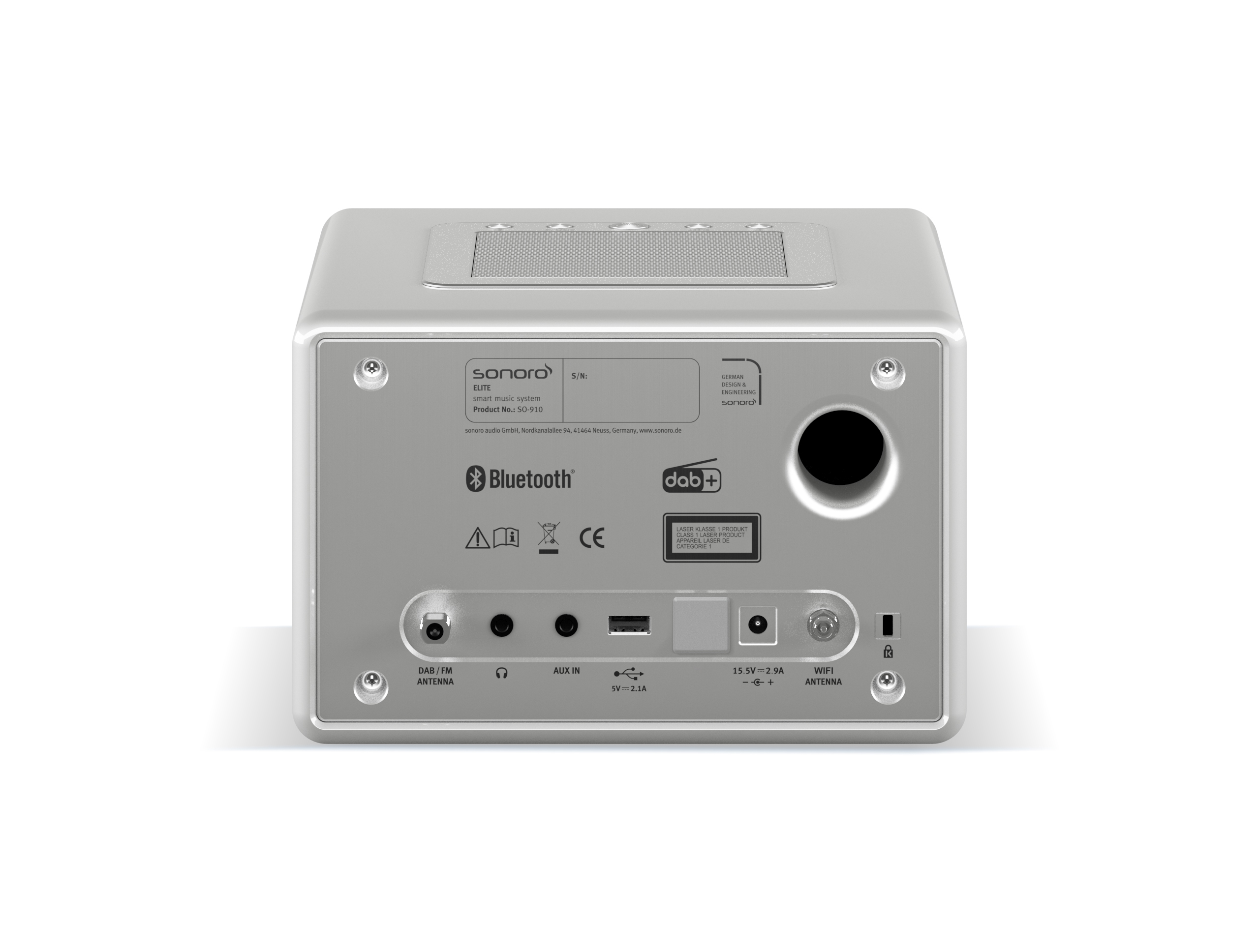 De achterkant van een zilveren slimme radio. Het heeft verschillende poorten, knoppen en een DAB/FM-antenne.