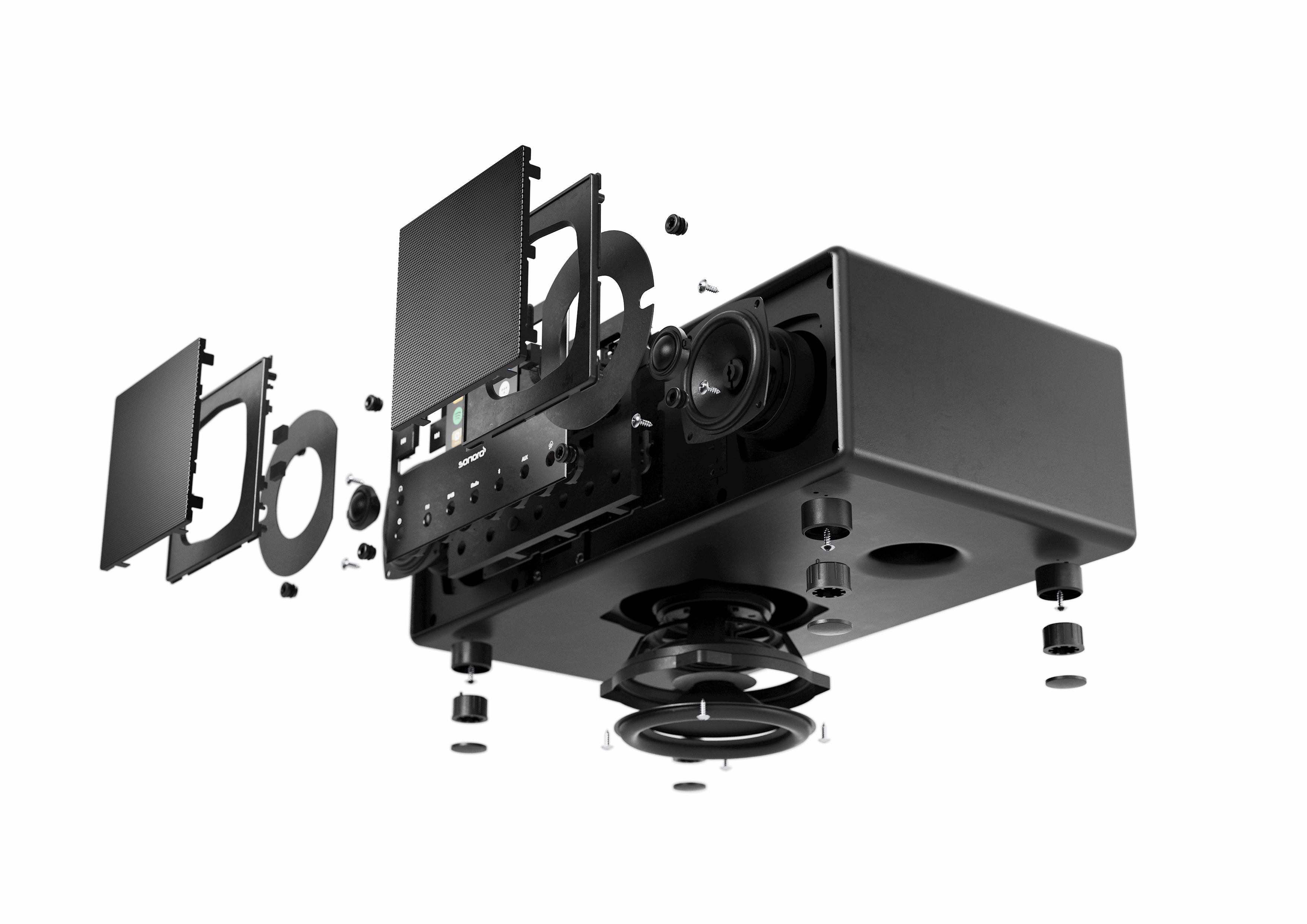 Exploded view van een zwarte slimme radio. De componenten zijn gescheiden en gerangschikt.