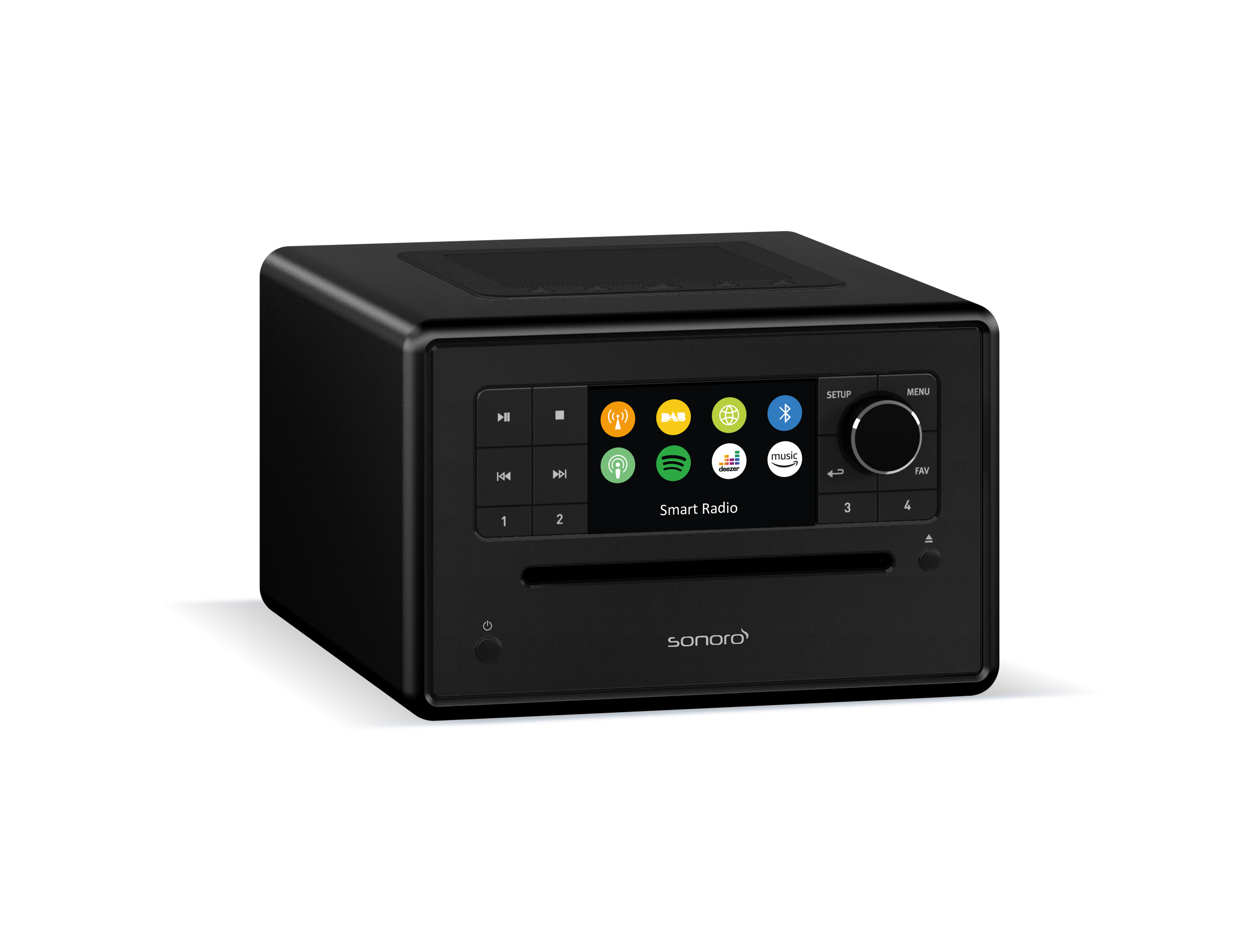 Zwarte slimme radio met een scherm en knoppen. Vooraanzicht.