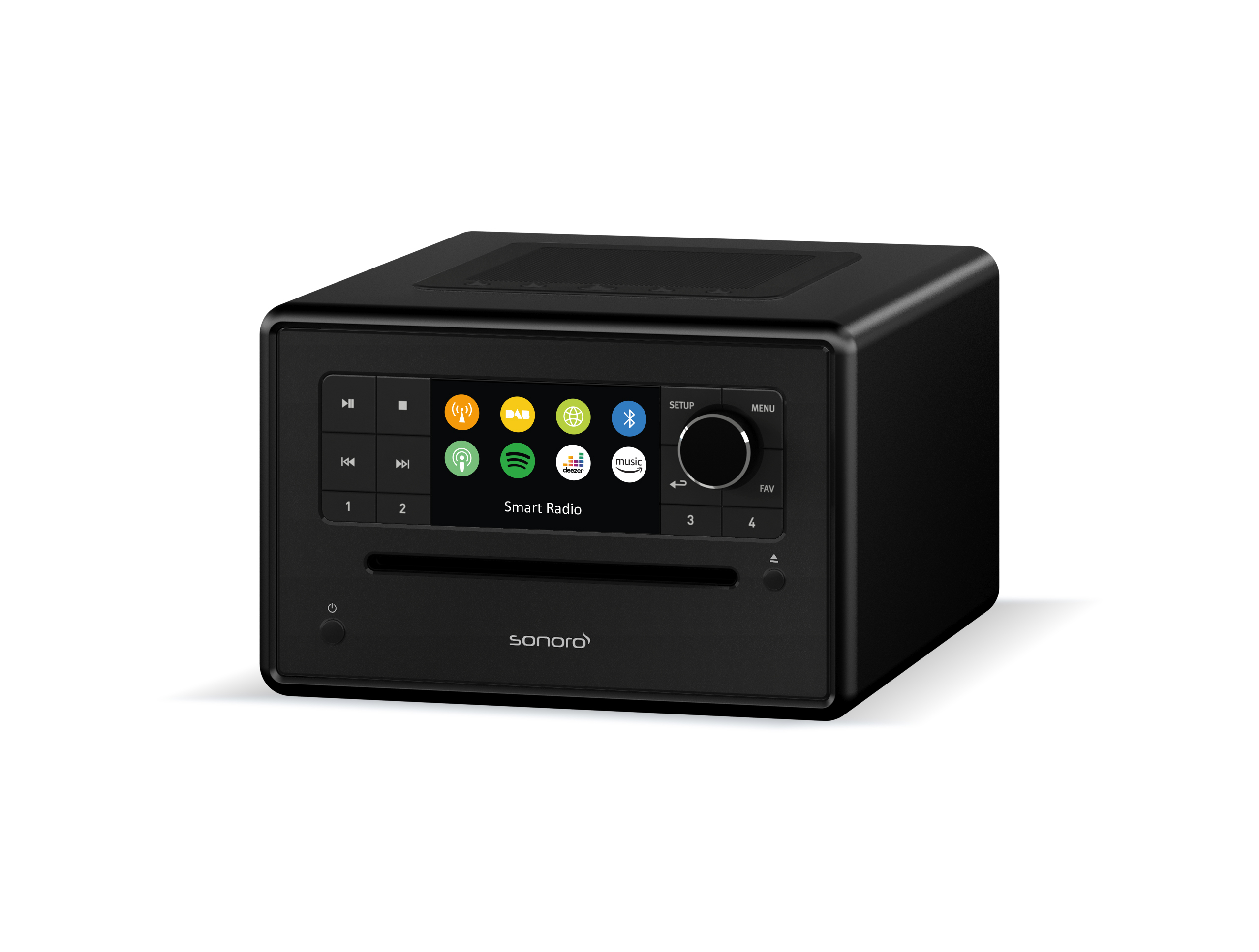 Zwarte stereo met een scherm, knoppen en een cd-sleuf.