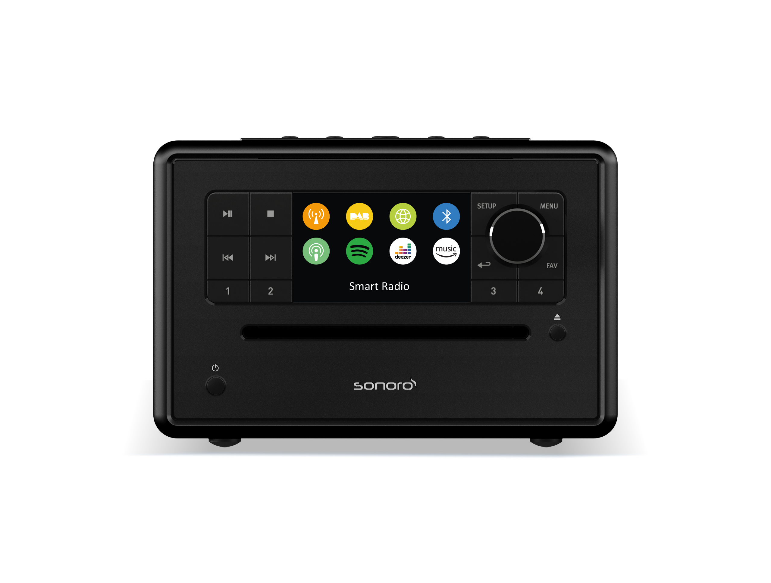 Een zwarte stereo met een scherm en cd-speler. Witte achtergrond.