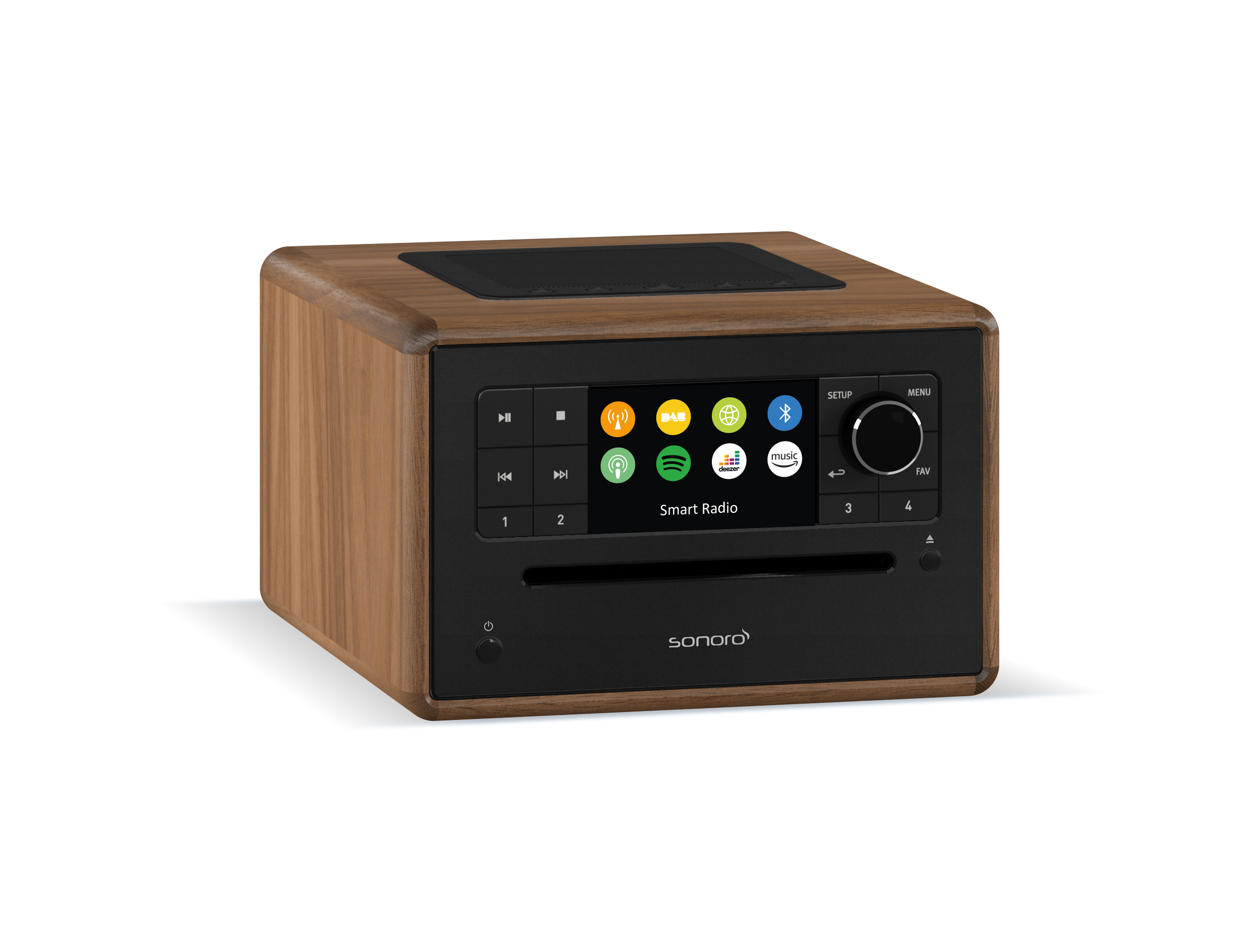 Houten stereo met een scherm en knoppen op een tafel, een schijfgleuf is zichtbaar.