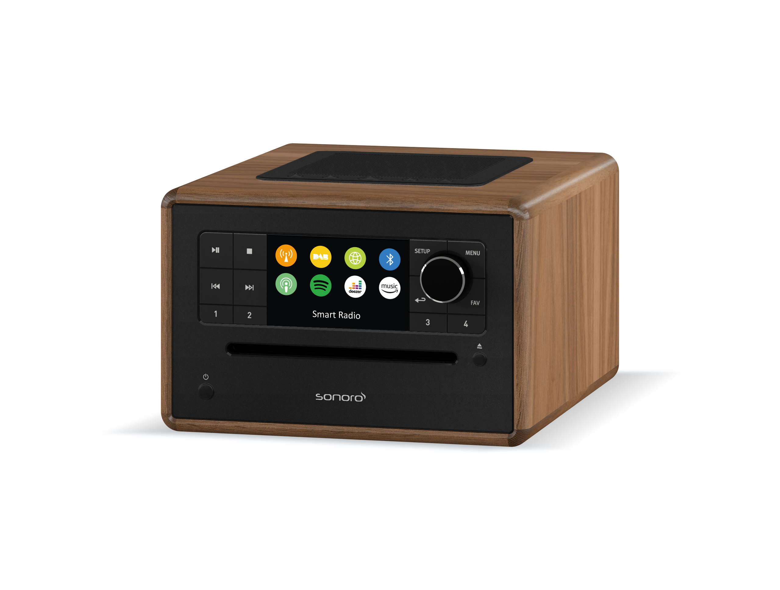 Een bruine en zwarte stereo met een scherm en cd-speler. Witte achtergrond.