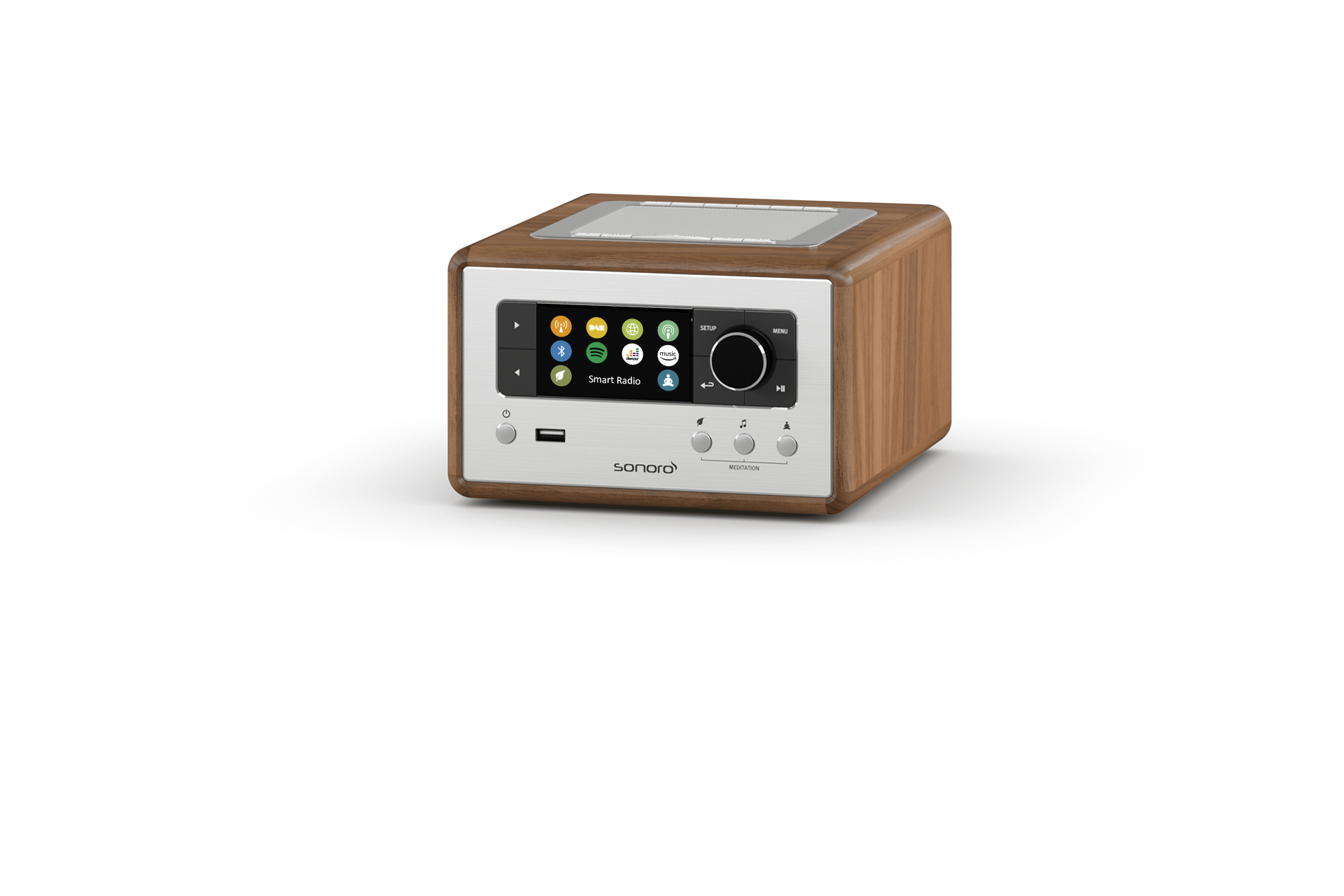 Smart radio with a wood finish, white and silver front. White background.