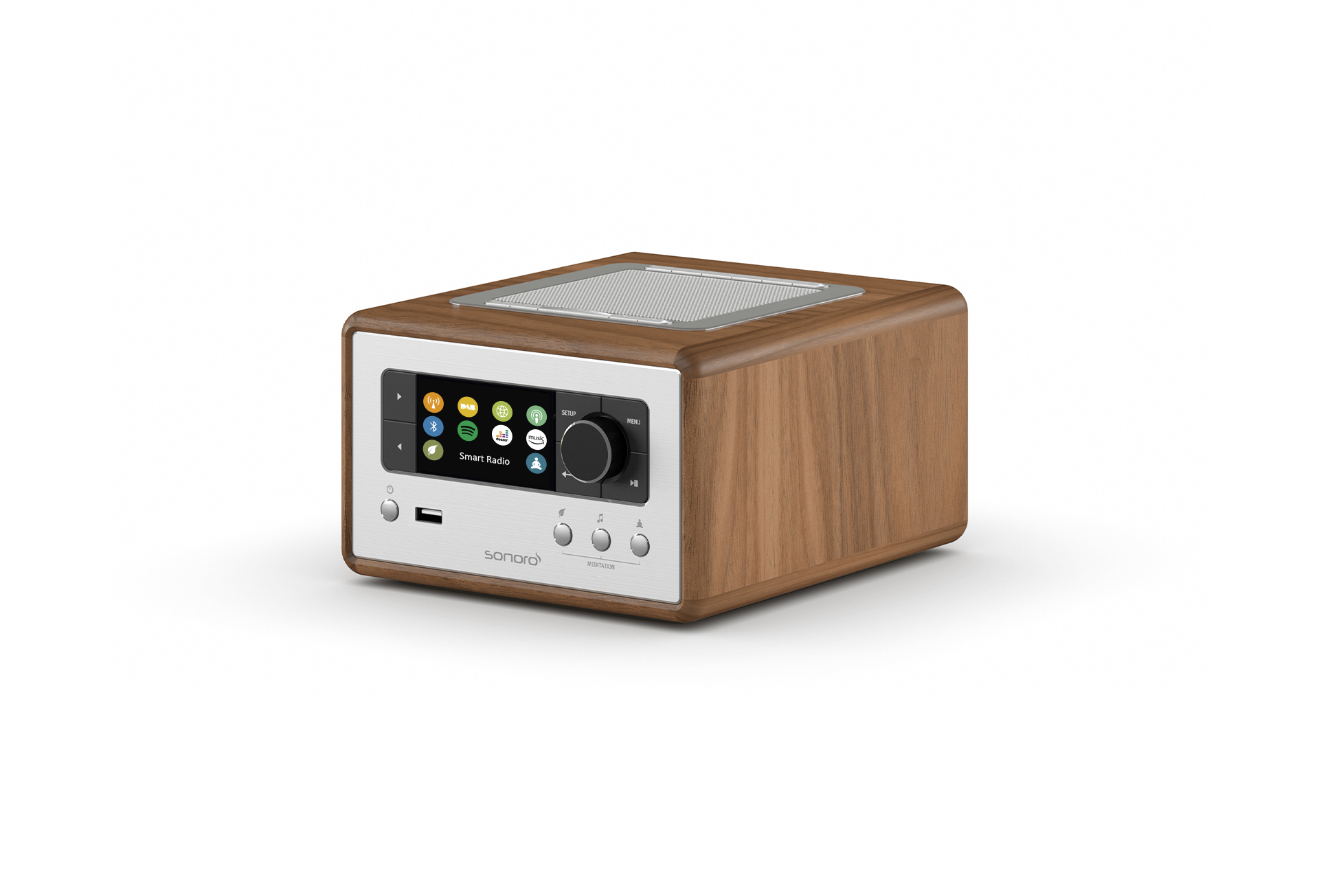 Wooden stereo system with a screen, buttons, and a CD slot.