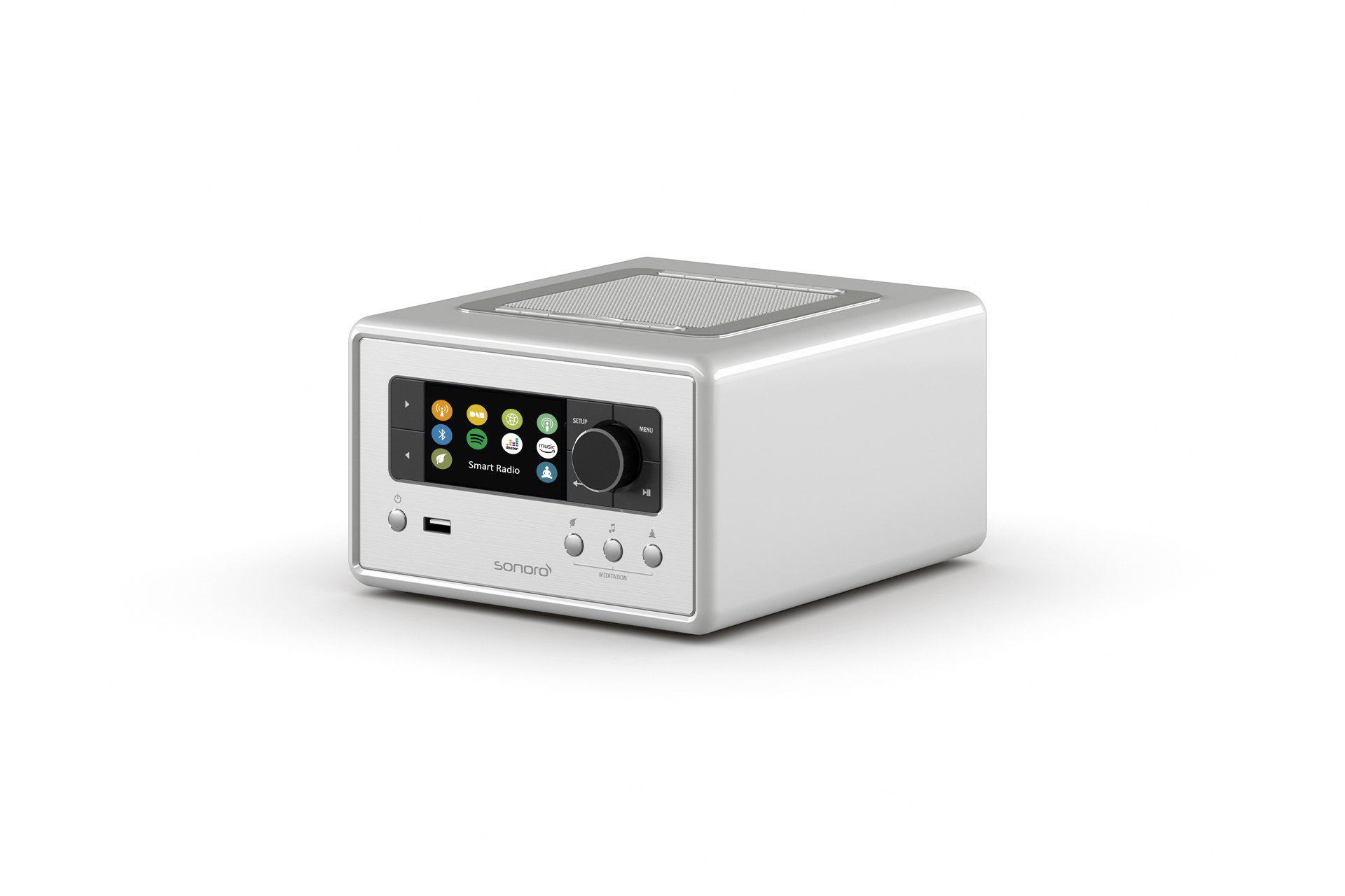 White smart radio with a screen, buttons, and a USB port. White background.