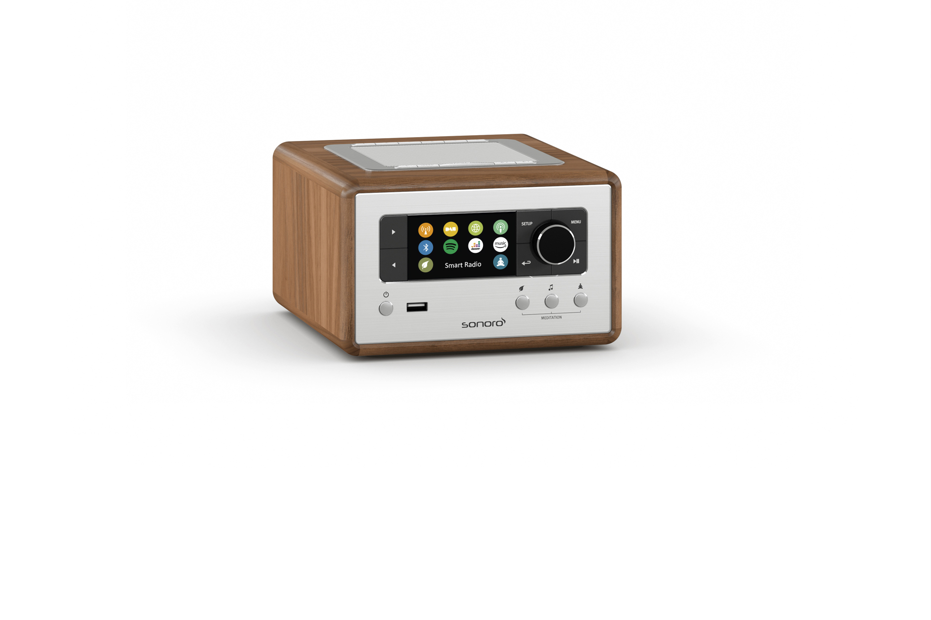 Brown and silver radio with a screen and buttons. The radio is on a white background.