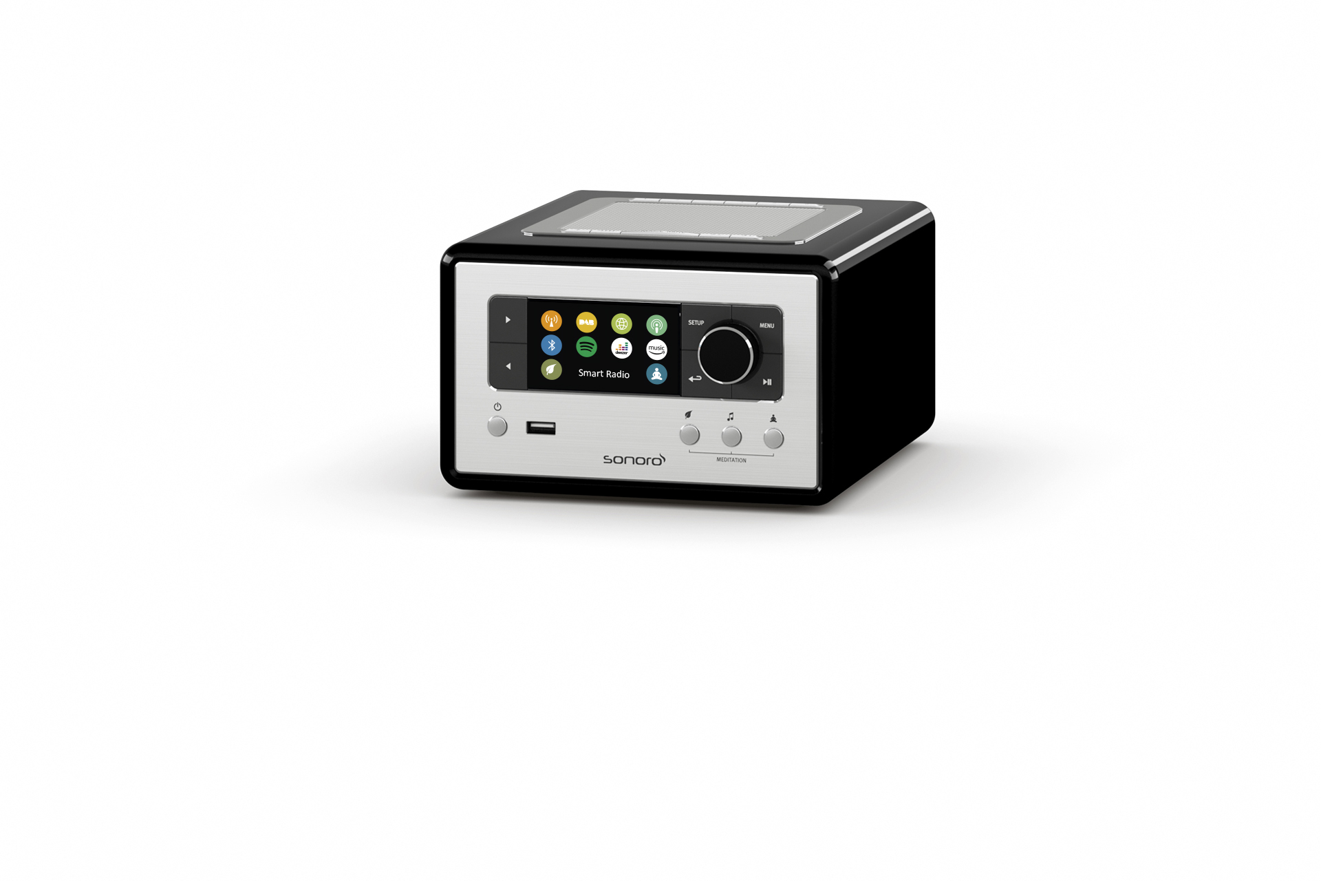 Black and silver smart radio, with a color screen and control buttons, isolated on white.