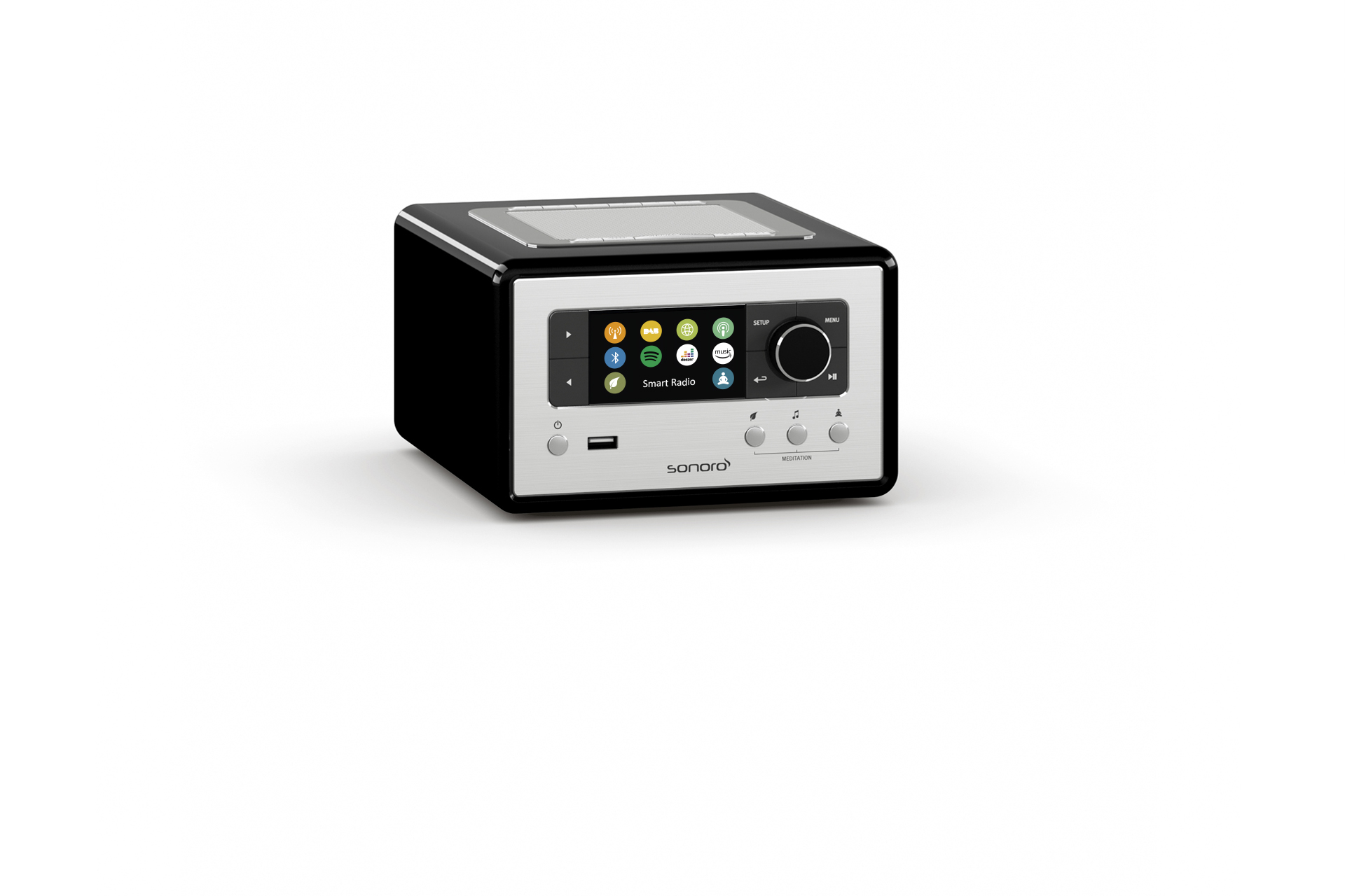 Black and silver smart radio. Touch screen and buttons are visible on the front. White background.