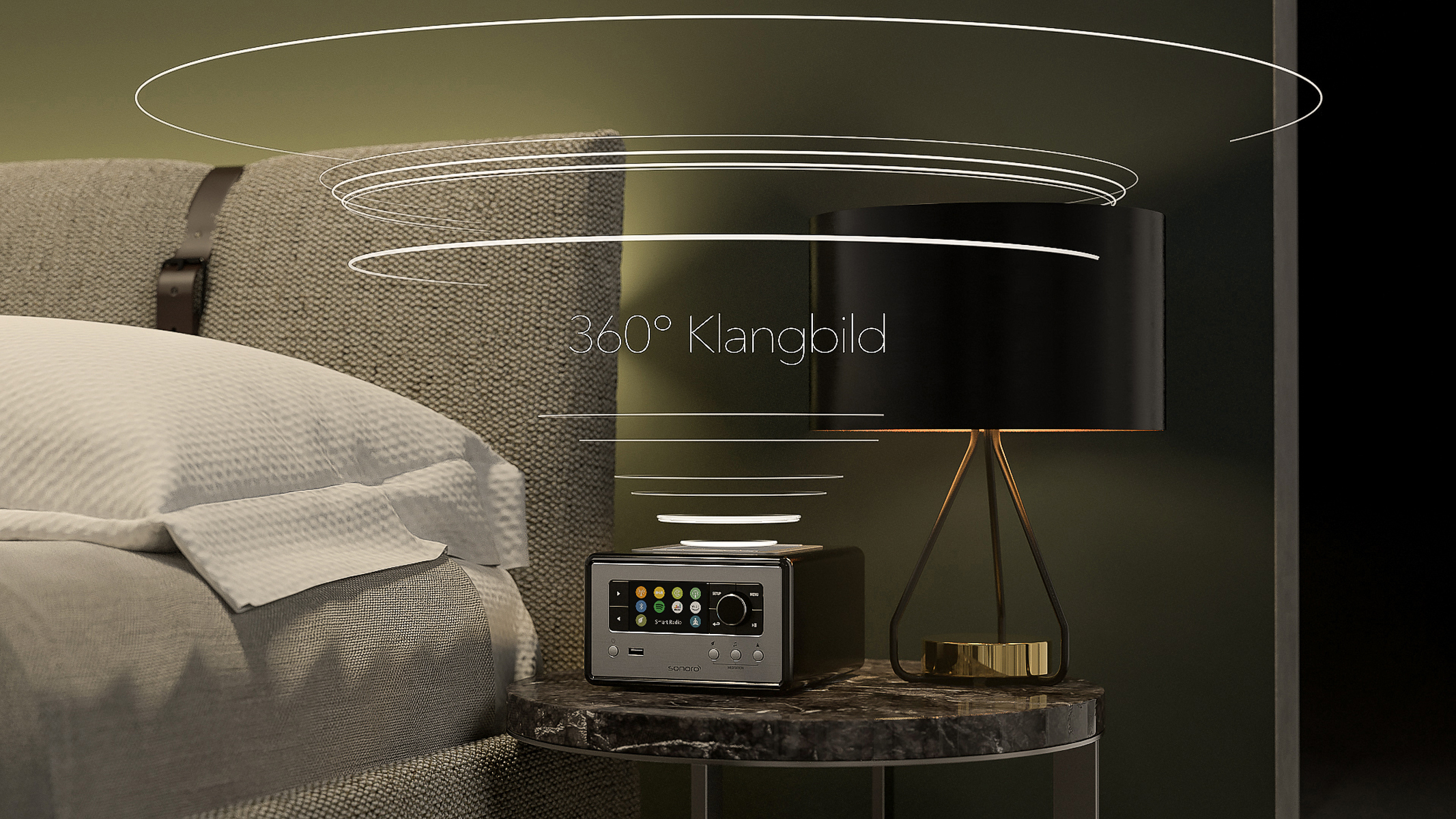 Smart radio on a bedside table, with a lamp and a bed. Lines show 360° sound.