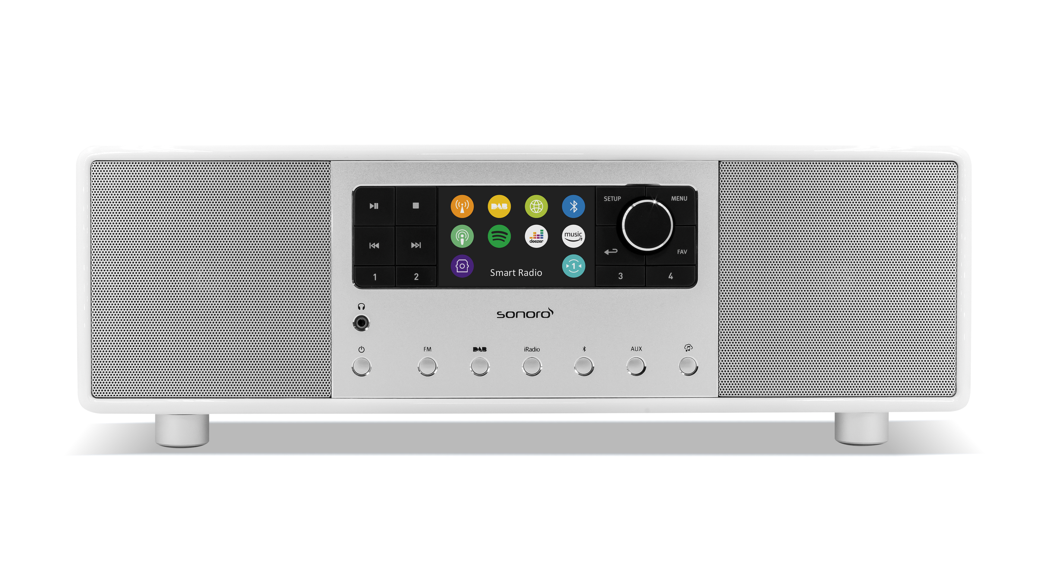 A white stereo with a screen. White background.