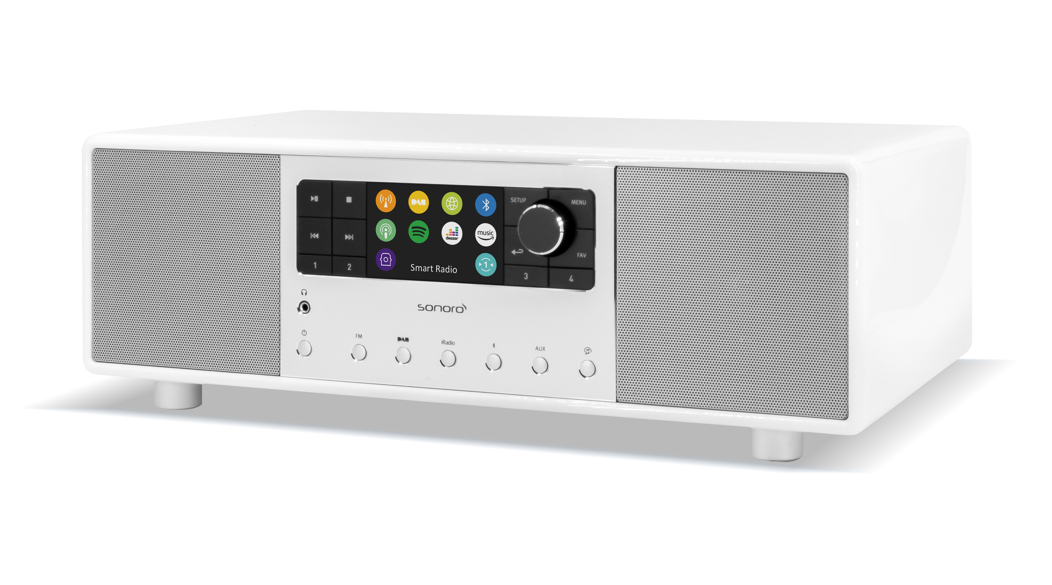 White smart radio with speakers on sides, a screen with buttons, and a control knob.