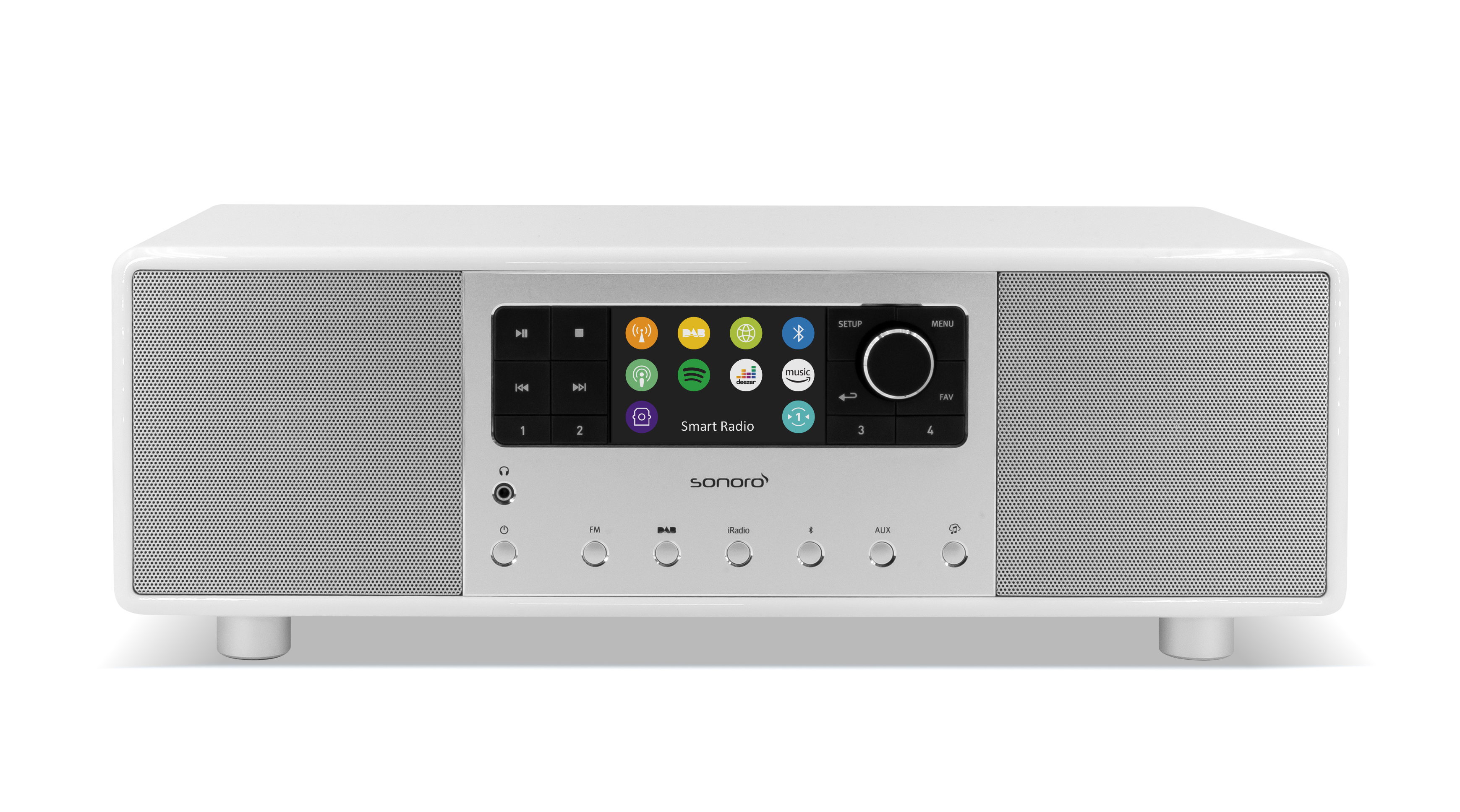 White smart radio with a screen and buttons.
