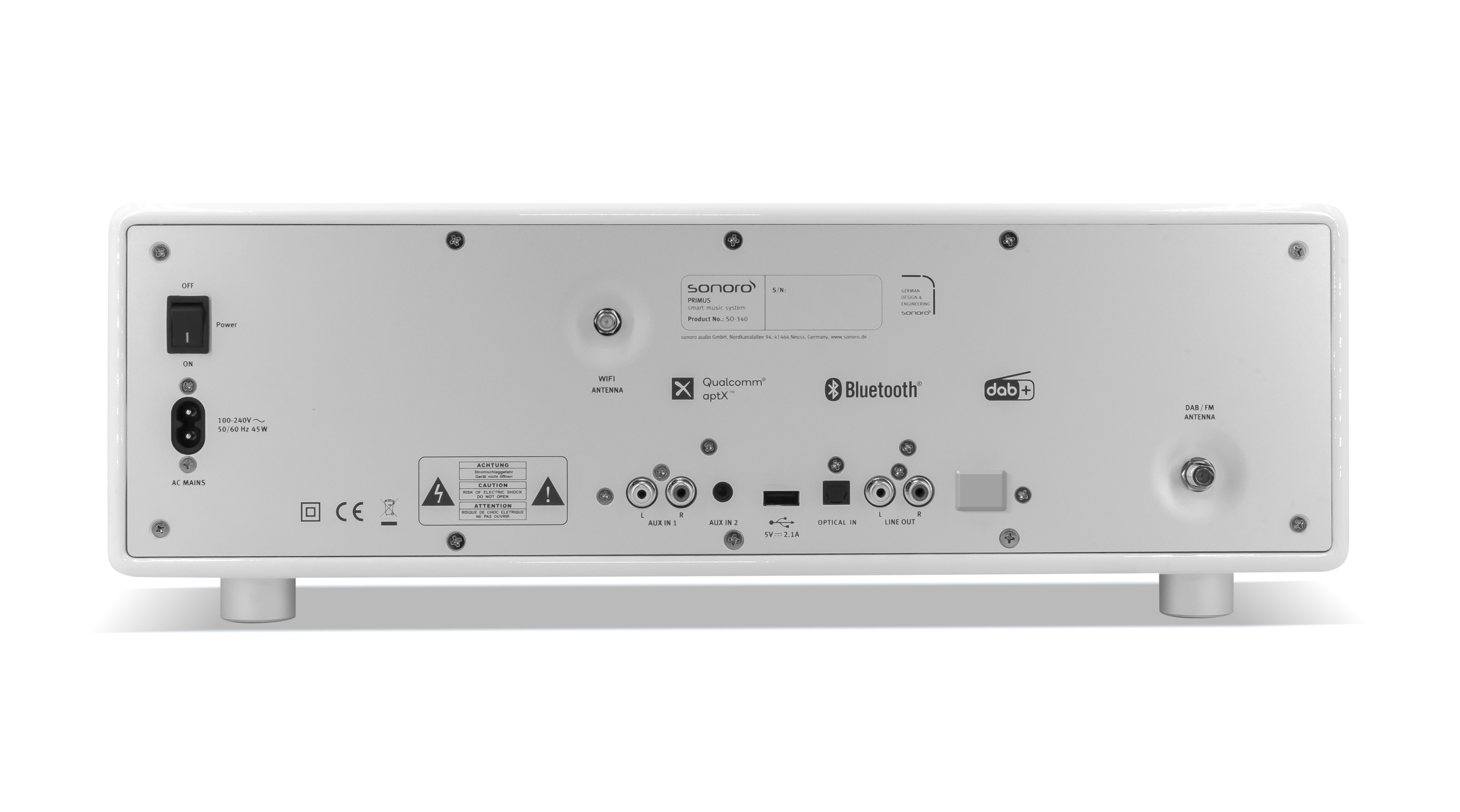 Back of a white smart radio. Shows ports, buttons, and labels.  WiFi, Bluetooth, etc.