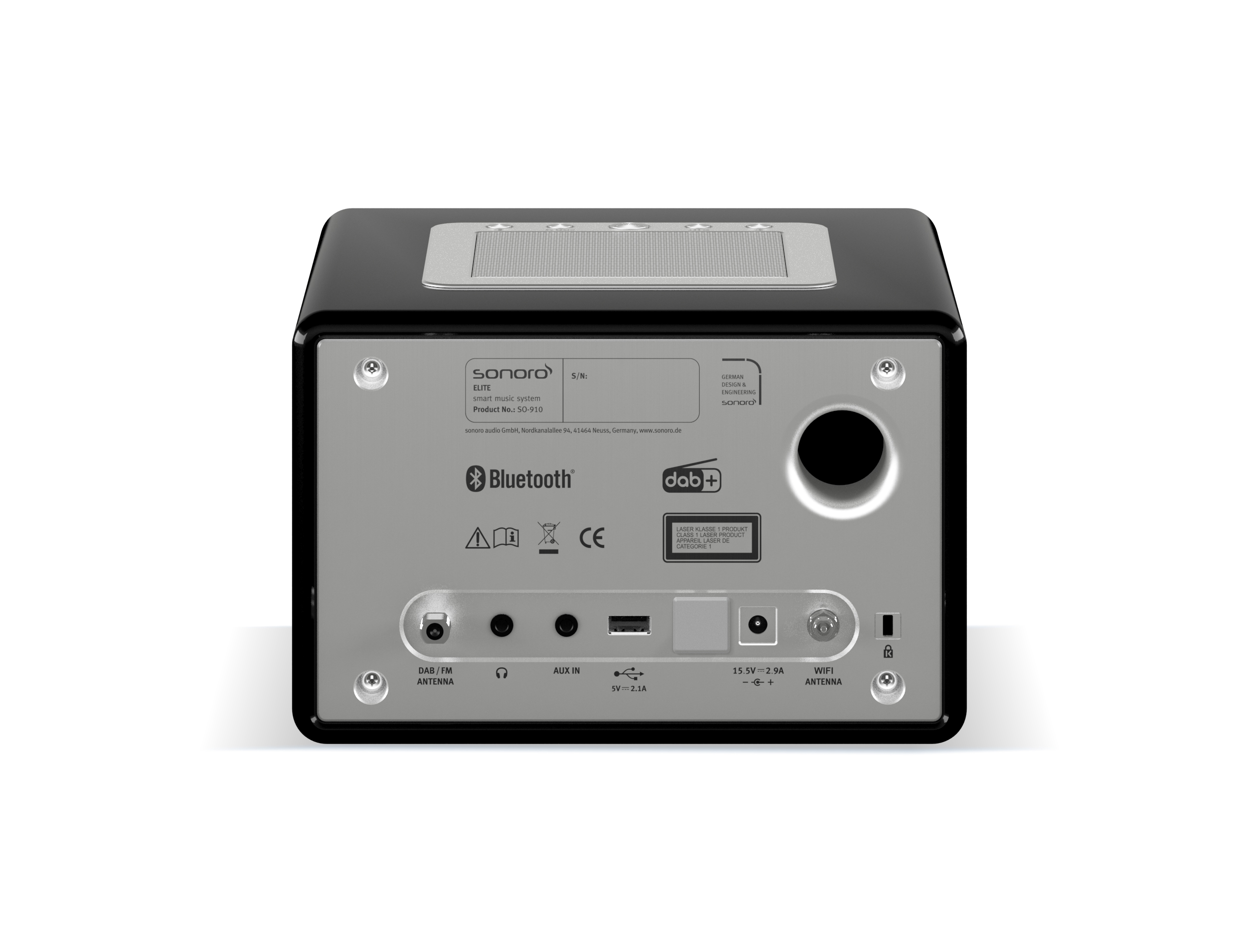 Zwarte slimme radio achterkant met poorten, Bluetooth en DAB+ logo, geïsoleerd op witte achtergrond.