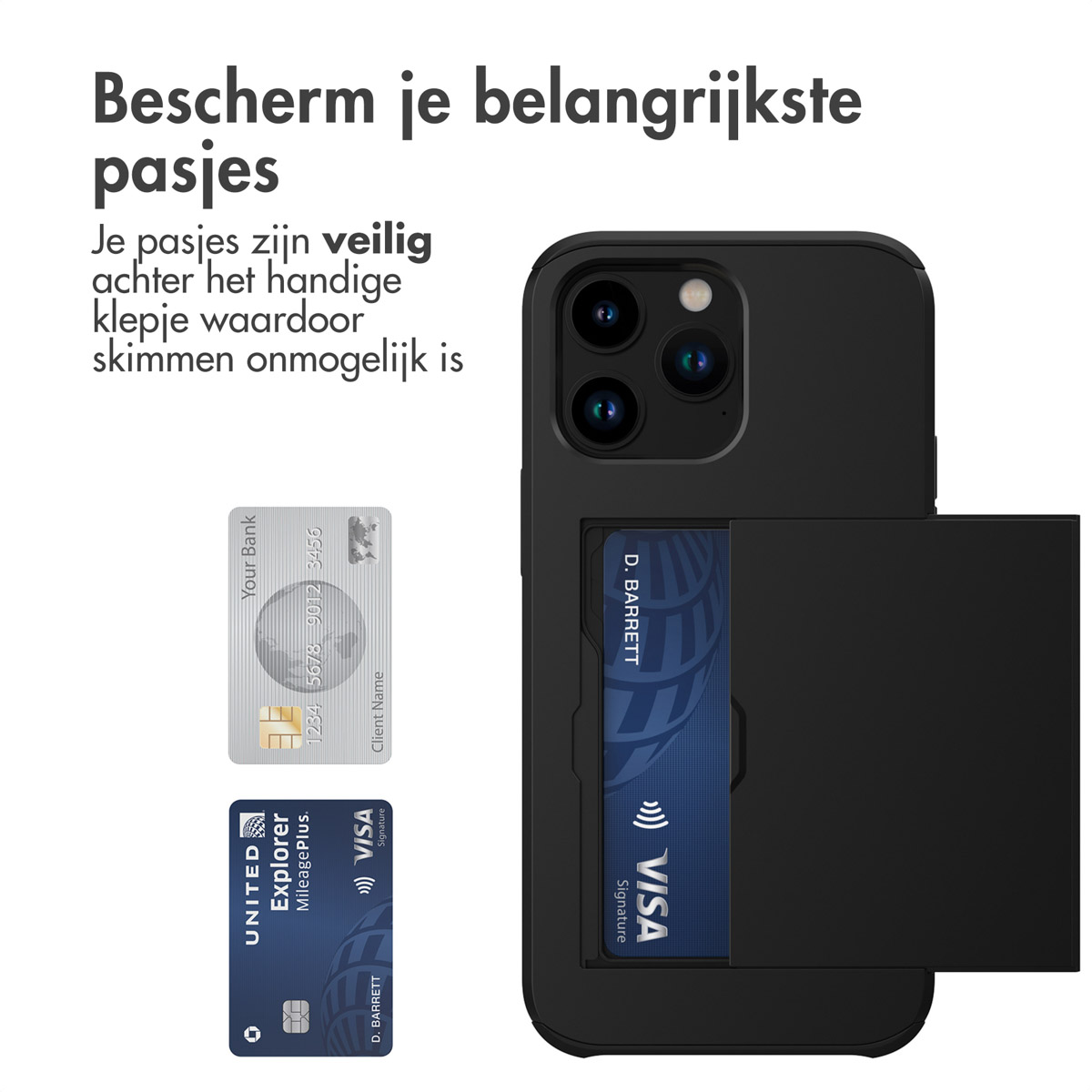Zwarte telefoonhoes met sleuven voor kaarten, creditcards zitten erin.