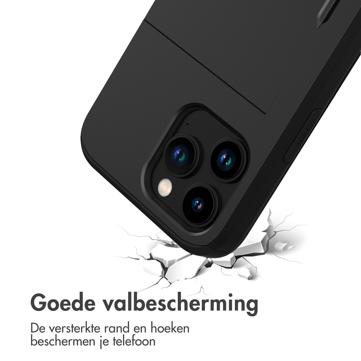 Telefoonhoes met telefoon erin, en scheuren eronder, die valbescherming aangeven.