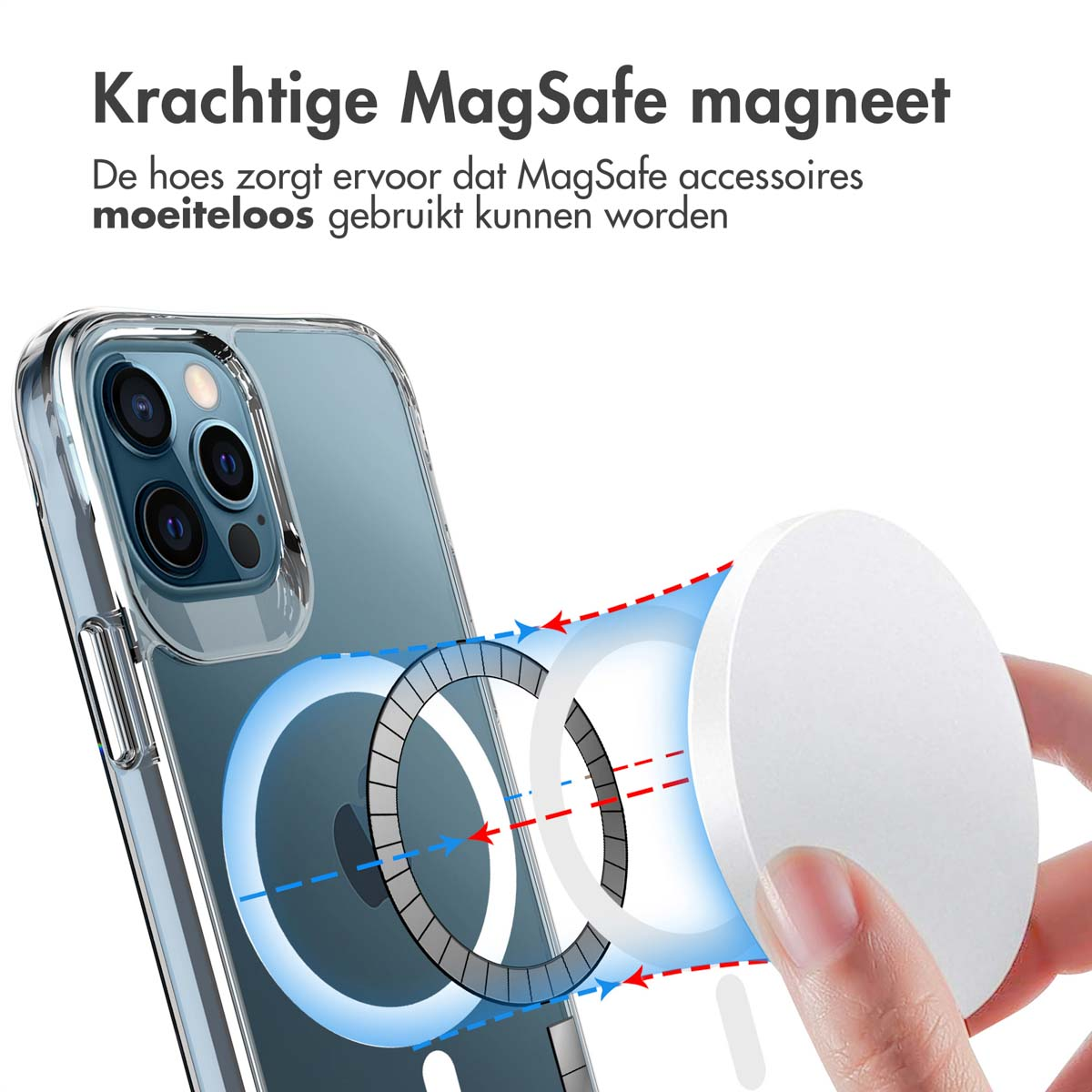 Telefoon in hoesje met MagSafe-lader. Pijlen tonen magnetische verbinding. Witte achtergrond.