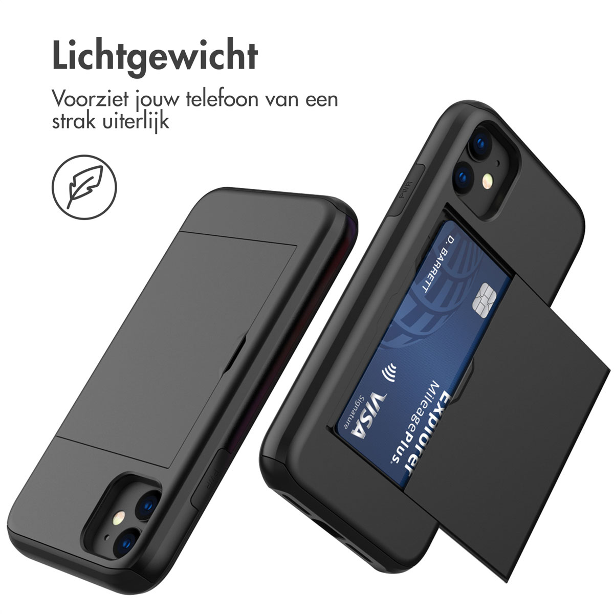 Twee zwarte telefoonhoesjes met zichtbare creditcard. Eén hoesje is open en toont een Visa-kaart. Boven staat 'Lichtgewicht'.