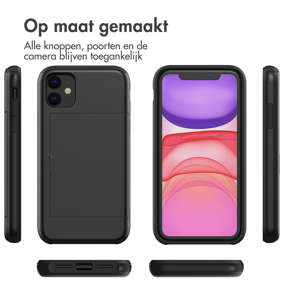 Zwarte telefoonhoes met telefoon. Tekst: Alle knoppen, poorten en camera's blijven toegankelijk.
