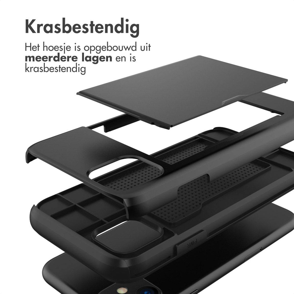 Zwarte telefoonhoeslagen. Tekst: Krasbestendig. De hoes is opgebouwd uit meerdere lagen en is krasbestendig.