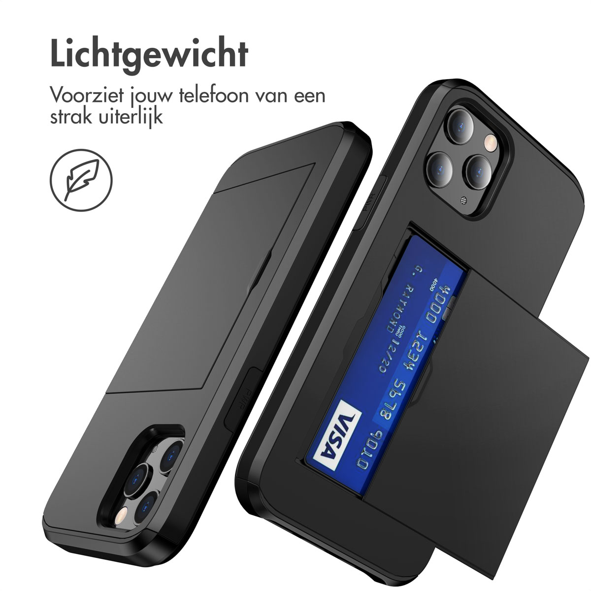 Deux coques de téléphone noires avec des fentes pour cartes. Une carte Visa bleue est dans l'une. Texte: Léger.