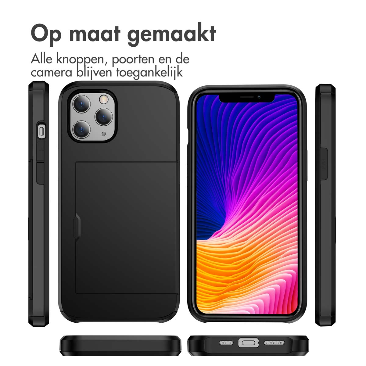 Coque de téléphone noire. Plusieurs vues montrent la coque. Texte: Fabriqué sur mesure, tous les ports accessibles.