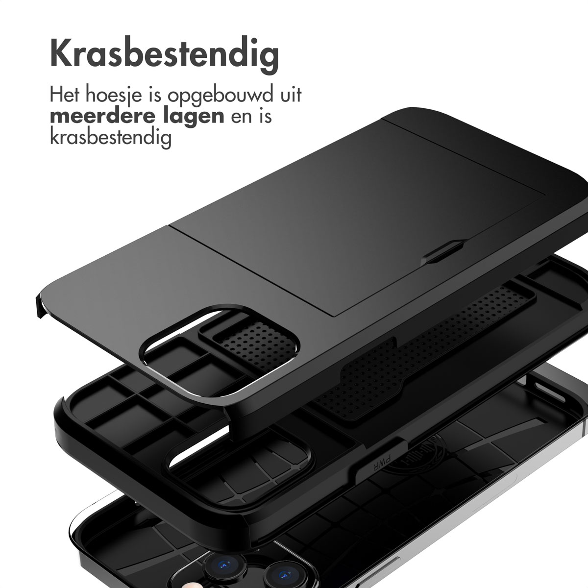 Coque de téléphone noire avec des couches. Fond blanc.