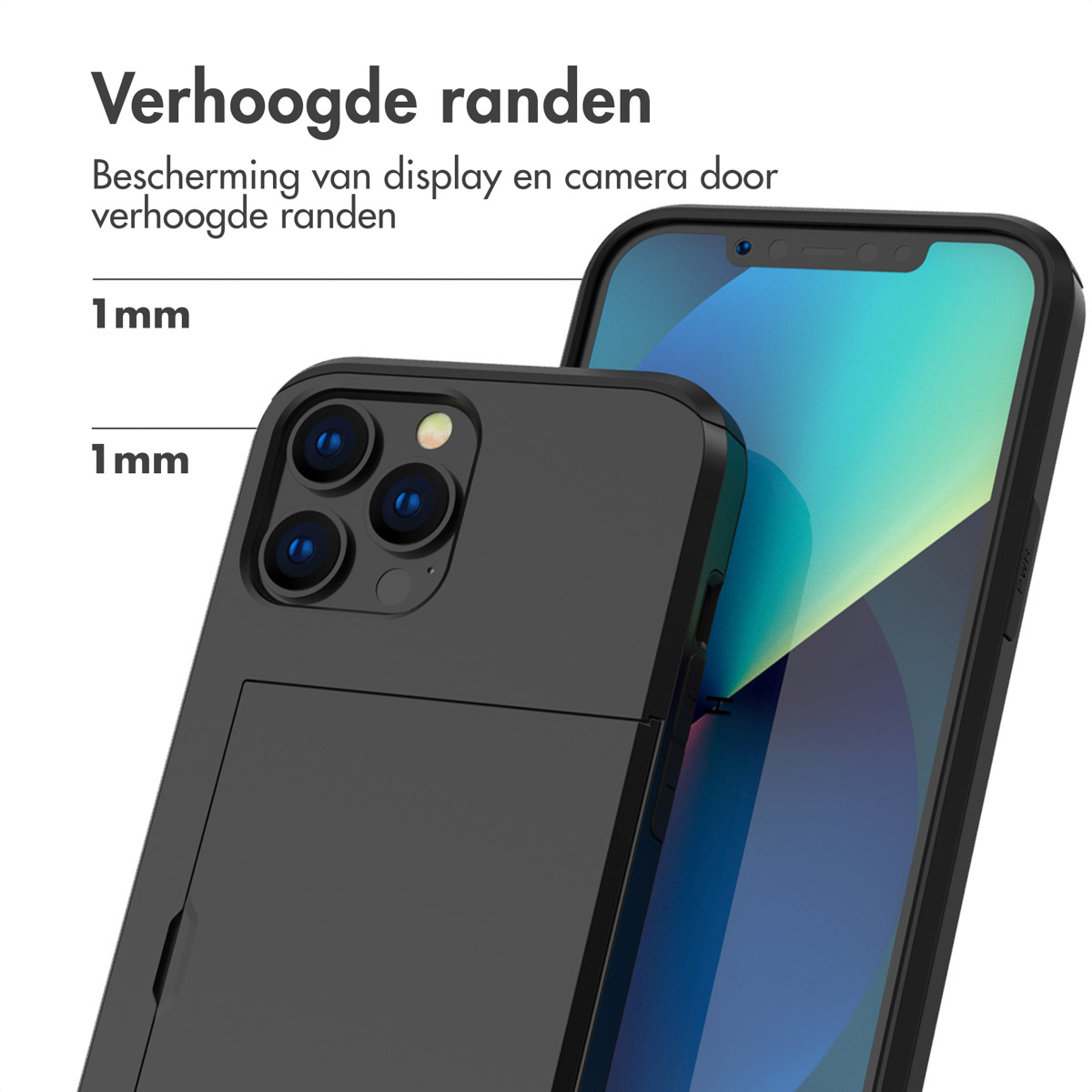 Zwarte telefoonhoes met verhoogde randen, beschermt display en camera.