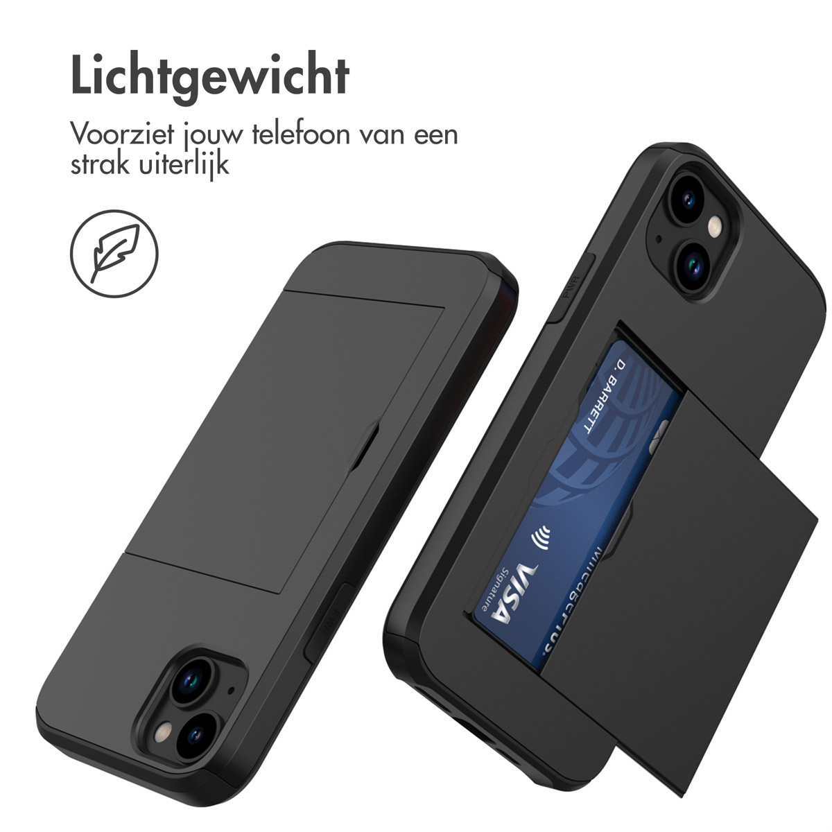 Deux étuis de téléphone noirs. Un est ouvert pour afficher une carte de crédit, l'autre est fermé. Le texte dit 'Lichtgewicht' et 'VISA'.